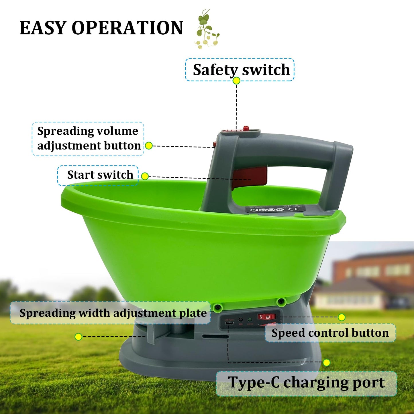 Handheld Power Spreader, Electric Seed Spreader, Electric Fertilizer Spreader, Handheld Seed Spreader, Type-C Smart Charging Port, Ultra-long Battery Life, No Battery Backup Required, 3-Year Warranty