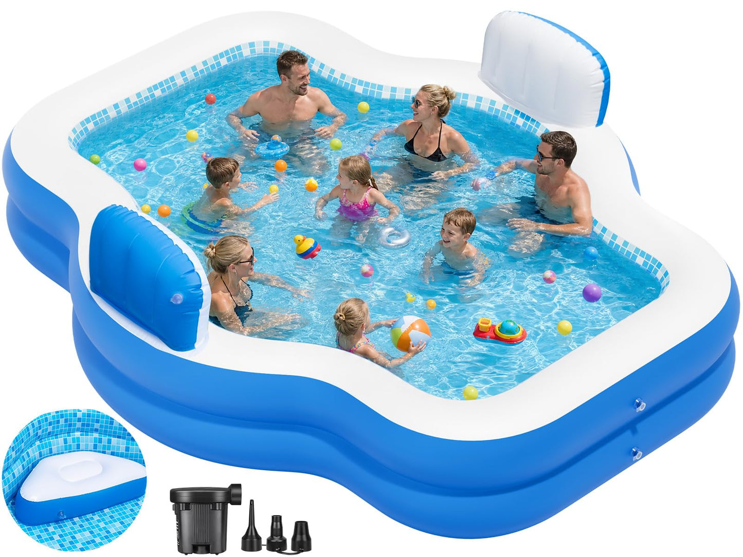 ALSTU Extra Large Inflatable Pool with Pump, 121" X 90" X 22" Full-Sized Blow Up Pool with Seats for Adults, Family Inflatable Swimming Pool for Summer Water Party Backyard Garden Lawn