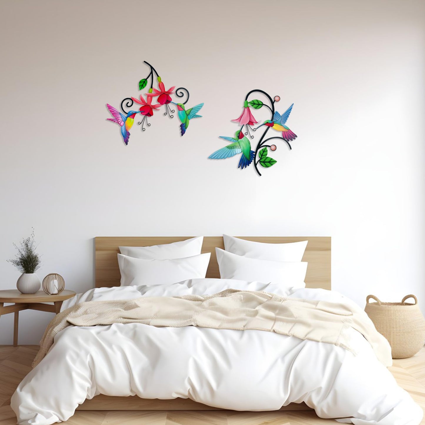 Meduofon 2 Pack Metal Hummingbird & Flower Outdoor Wall Art Decor, Creative Wall Decor for Patio, Fence, Deck, Garden, Home, Kitchen, Balcony