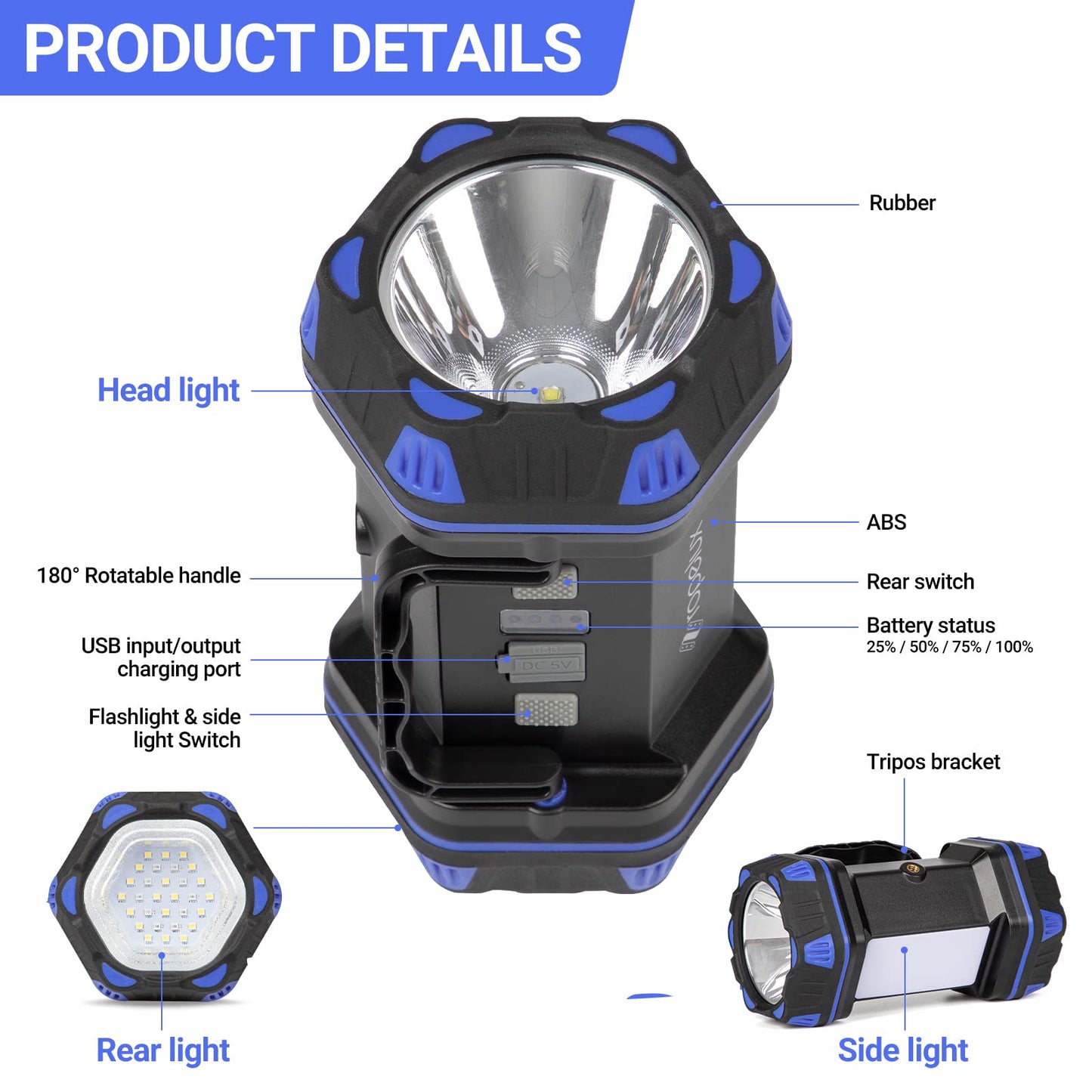 Led Camping Lantern Rechargeable, Camping Flashlight 1500LM, 8 Light Modes, Camping Lights 4800 Capacity, Portable Bright Flash Light for Emergencies, Power Outages, Hurricane, Hiking (Blue 1PACK).