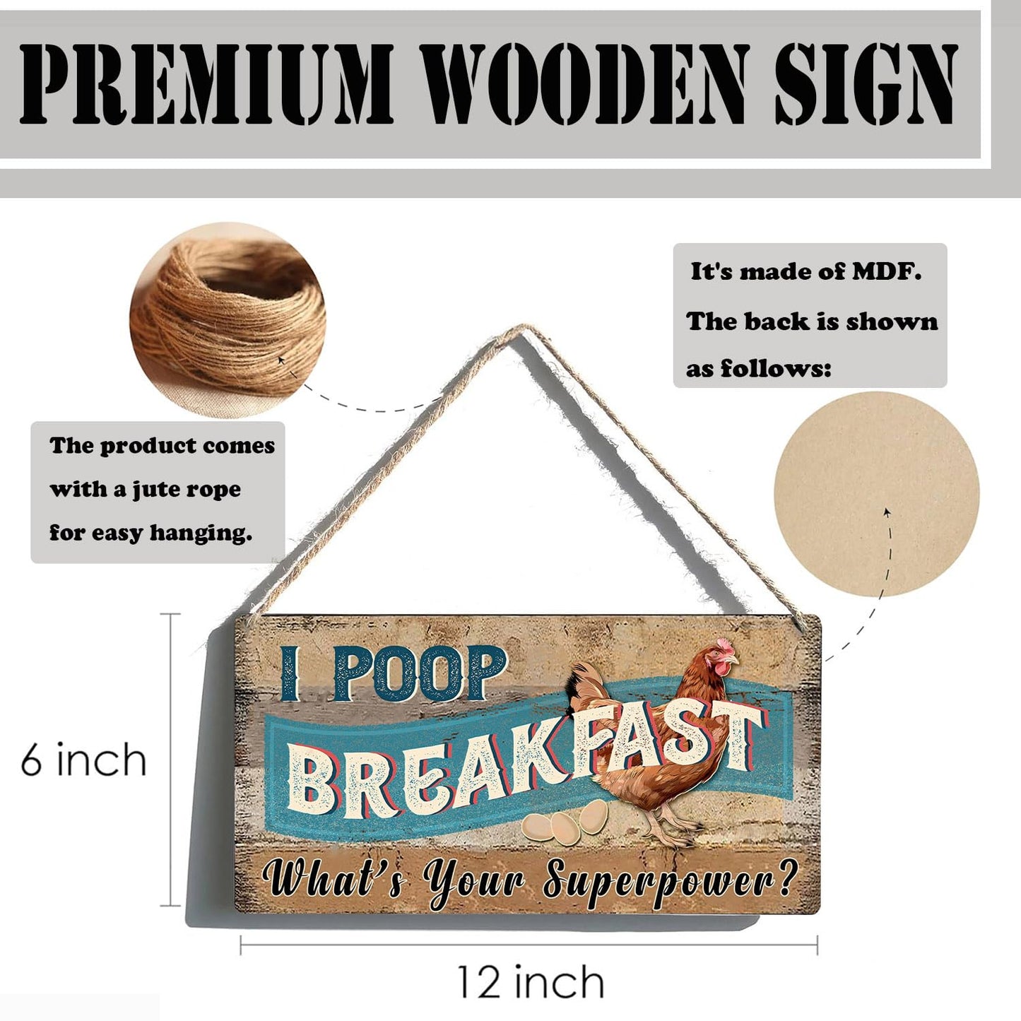 Funny Chicken Coop Signs Decor - I Poop Breakfast What's Your Superpower Sign - Outdoor Chicken Coop Decorations, Gifts for Women - Wooden Wall Art (6x12 Inch Rustic Farmhouse Kitchen Decor)