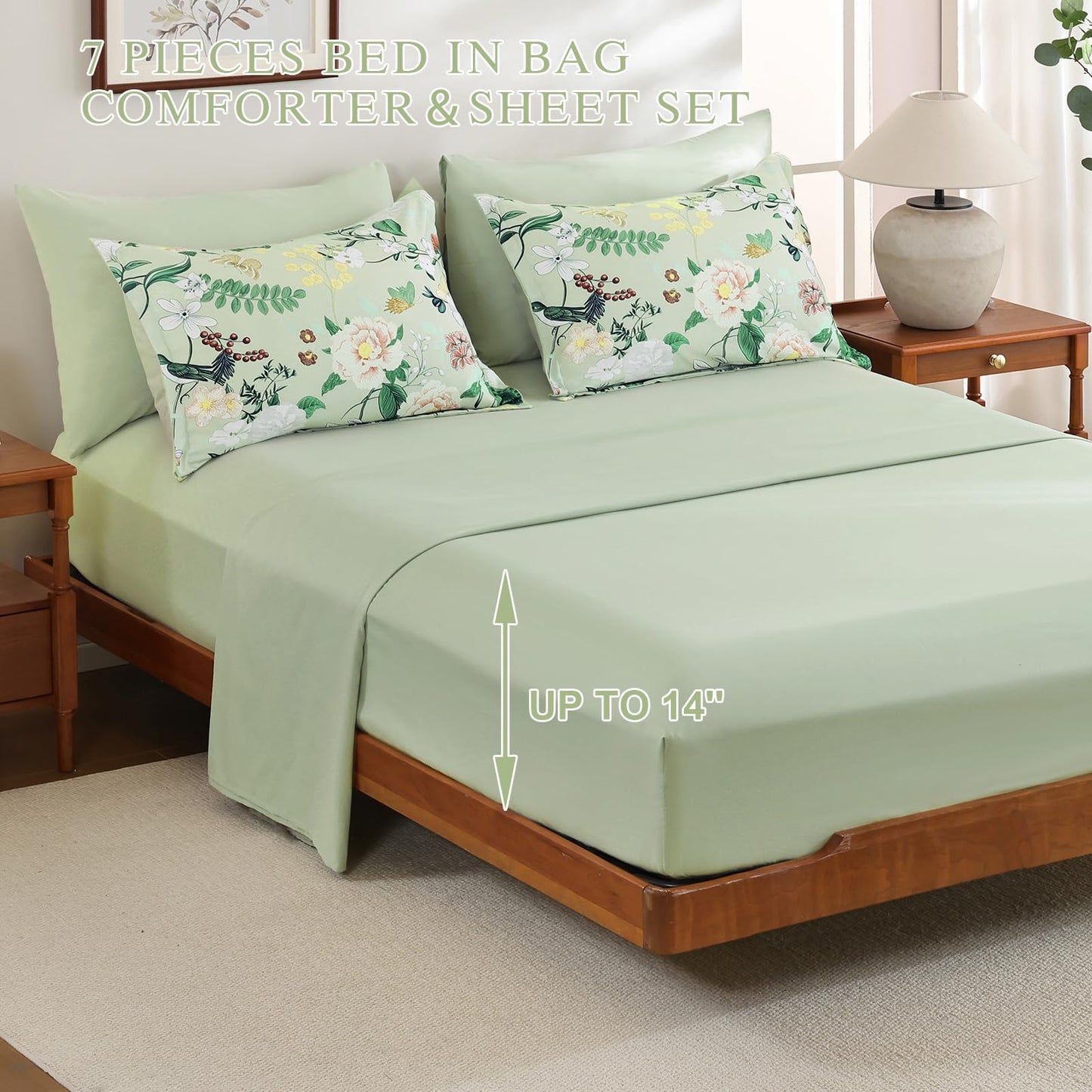 Anibedding 7Pieces Floral King Size Comforter Set, Green Garden Plant Style Bed in a Bag Flower Bedding with Pillow Case for Bedroom