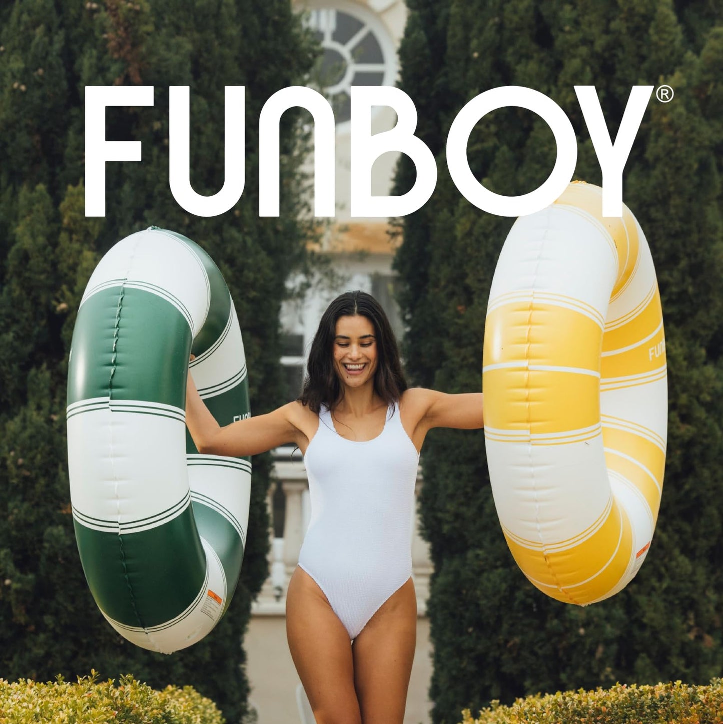 FUNBOY Giant 48” Vintage Green Stripe Inflatable Pool Float with Cup Holder - Adult Inner Tube Pool Toy for Summer, Swimming Pool Accessories & Lounger