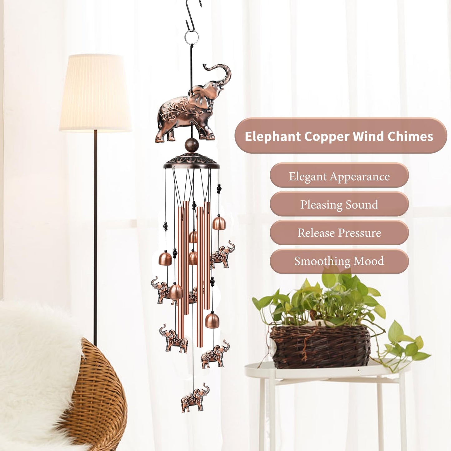 Nowpis 35 Inch Elephant Wind Chime, Handmade Large Metal Animal Figurine Windchimes for Garden Decor, Deep Soothing Bass Tones Wind Chimes for Outside, Memorial Gifts for Patio, Yard, Porch
