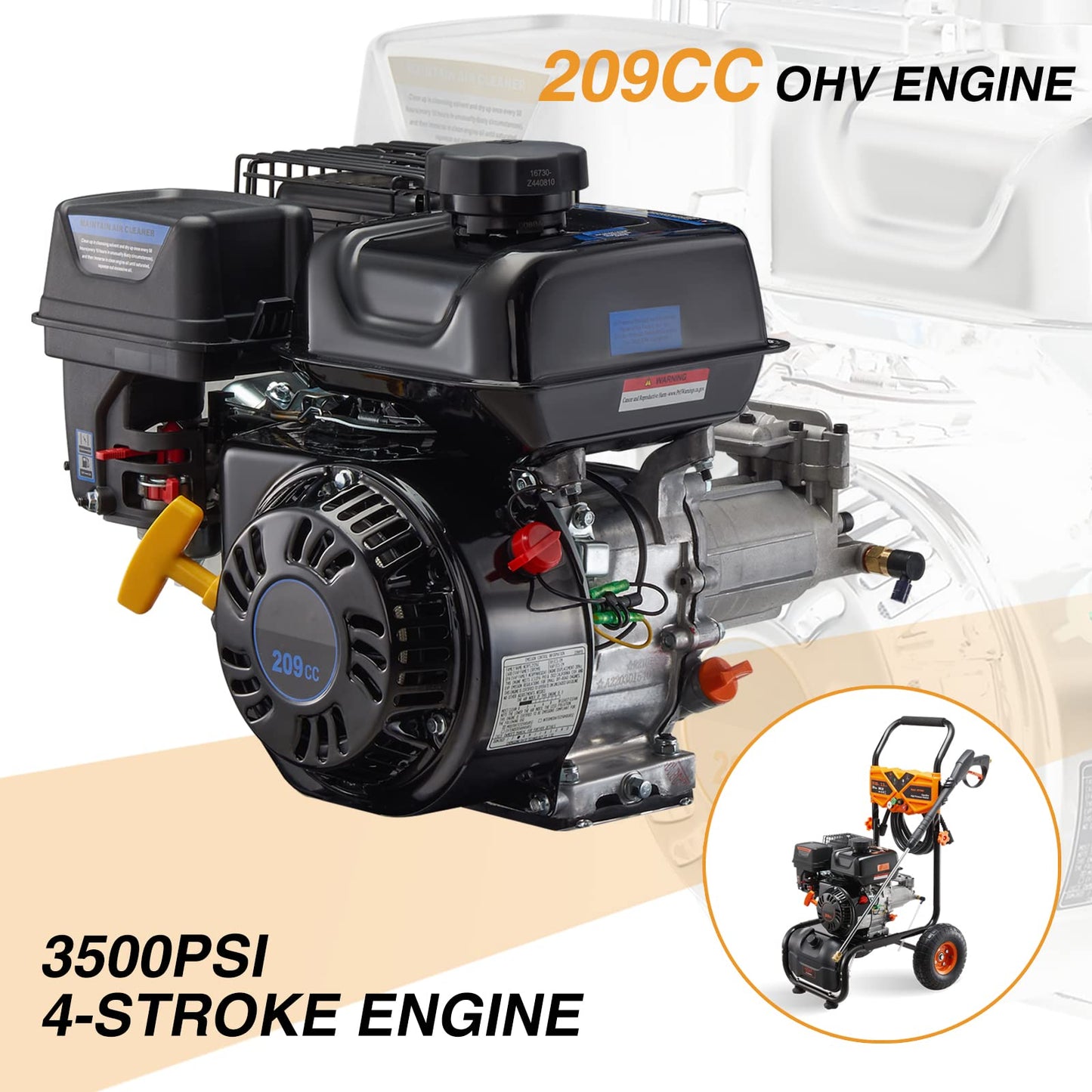 MUTAOMAY 3500PSI Gas Pressure Washer, 2.3GPM Gas Powered High Pressure Washer with 209CC Engine, 4 Adjustable Nozzles, 25 ft High Pressure Hose for Cleaning Walls, Terraces, Vehicles, Gardens (Orange)