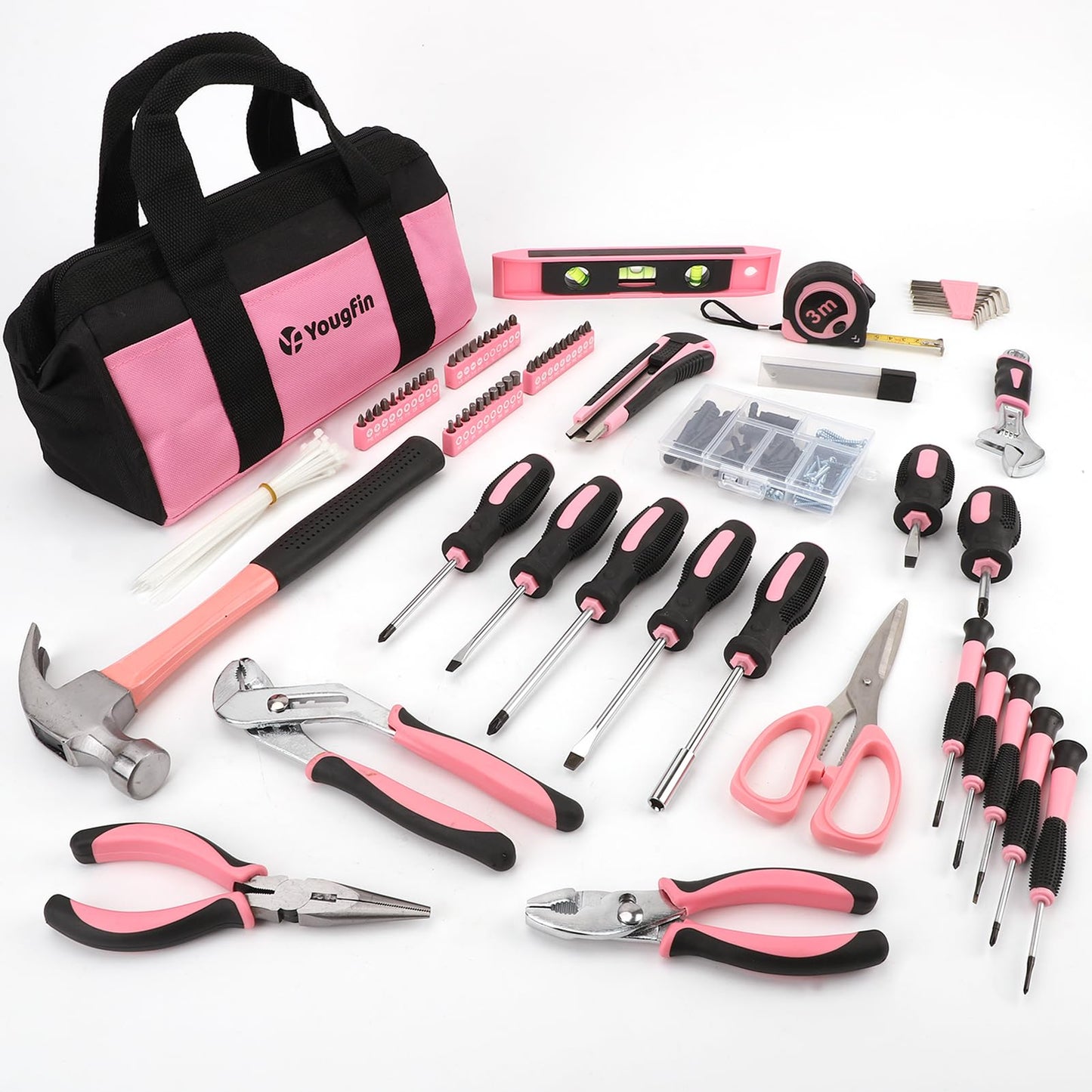 Yougfin Pink Tool Set, 215 Pcs Home Repairing Tools Kit For Girls & Women With Portable Bags, Includes All Essential for Household, Garage, Office and College Dormitory Use, Pink & Black