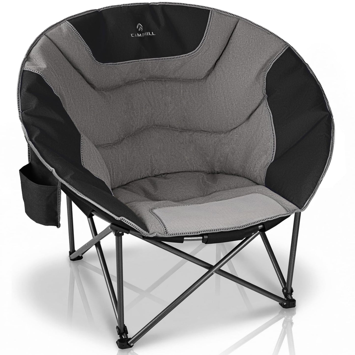 Oversized Camping Moon Chairs,Folding Round Padded Sofa Chair for Adults,Outdoor Lawn Chairs w/Side Pocket,Perfect for Indoor,Family Camping,Picnics and Garden,Black&Grey