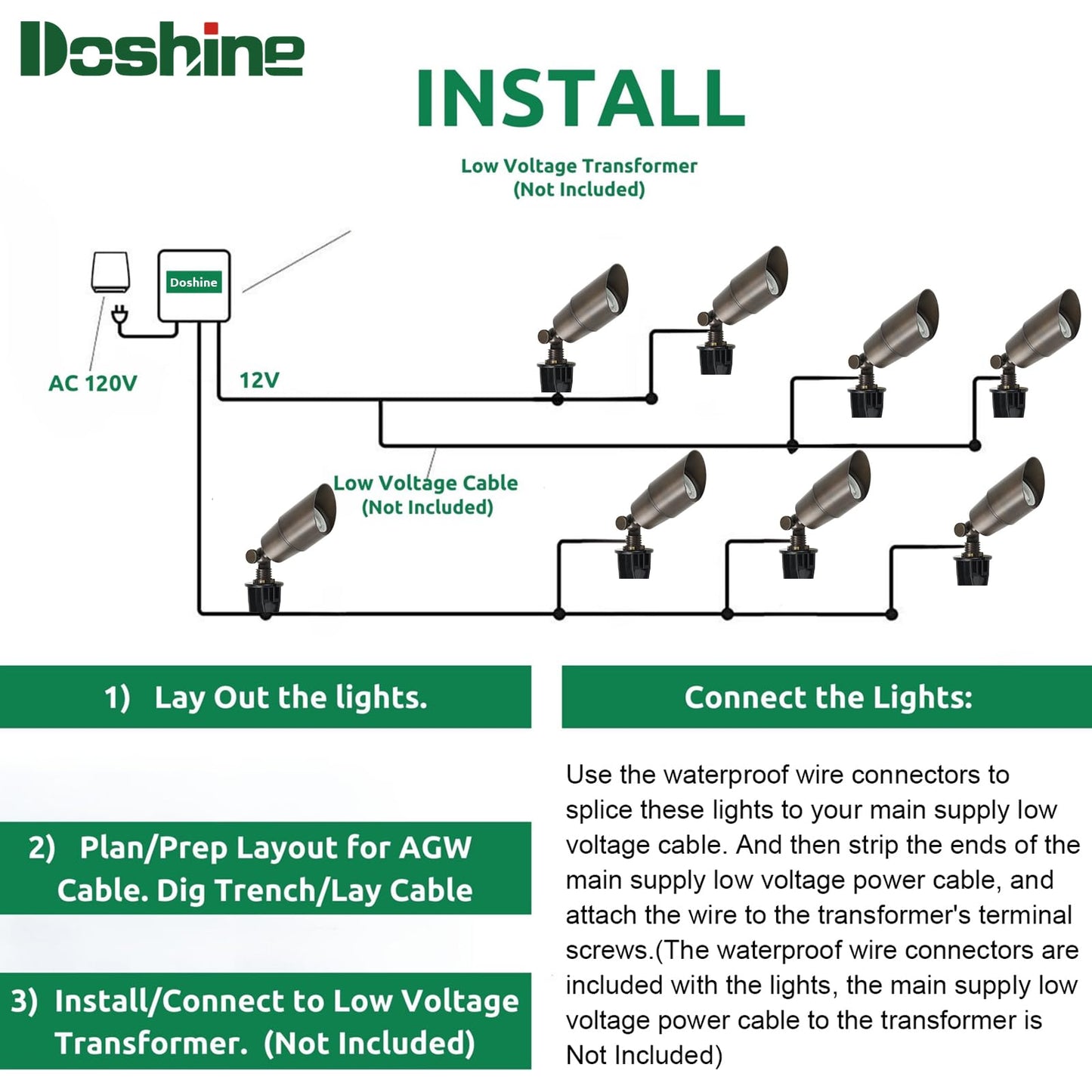 DOSHINE® Solid Brass Landscape LED Spotlights Outdoor Low Voltage Landscape Lighting AC/DC 12V Uplight Accent Light for Tree Garden Yard with Replaceable 5W 3000K Warm White 560LM MR16 Bulb (4-Pack)