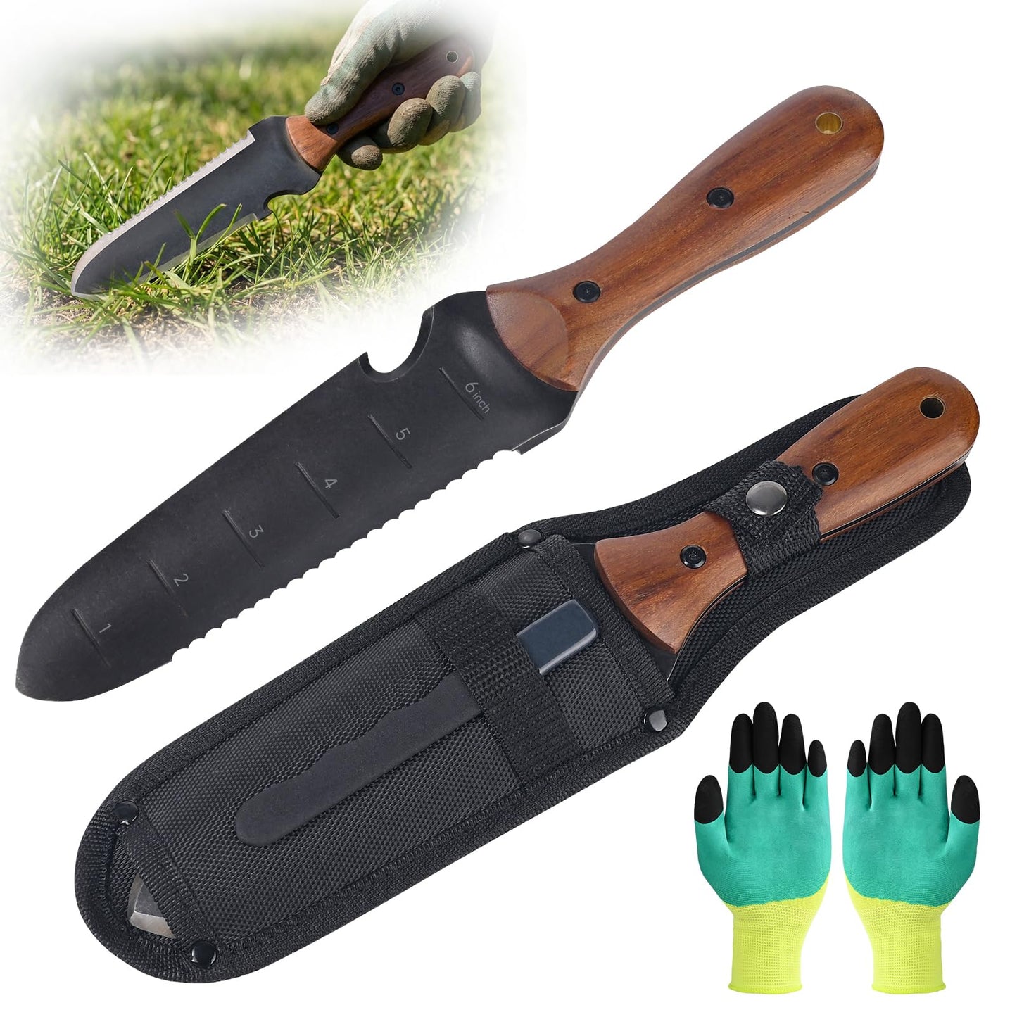 Griactrl Hori Hori Garden Knife with Measuring Scale, Heat-Treated Stainless Steel Blade, Ergonomic Wood Handle, Gardening Knife with Polyester Sheath for Weeding, Planting, Digging