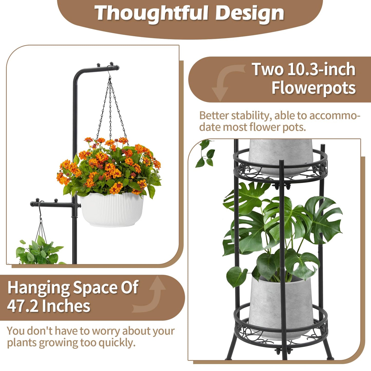 CZWL&HG Hanging Plant Stand Adjustable 2-Tier 72" Metal Shelf -Tall Indoor/Outdoor Plant Rack with Hangers for 4 Potted Flowers, Corner Shelf for Living Room & Patio (Black)