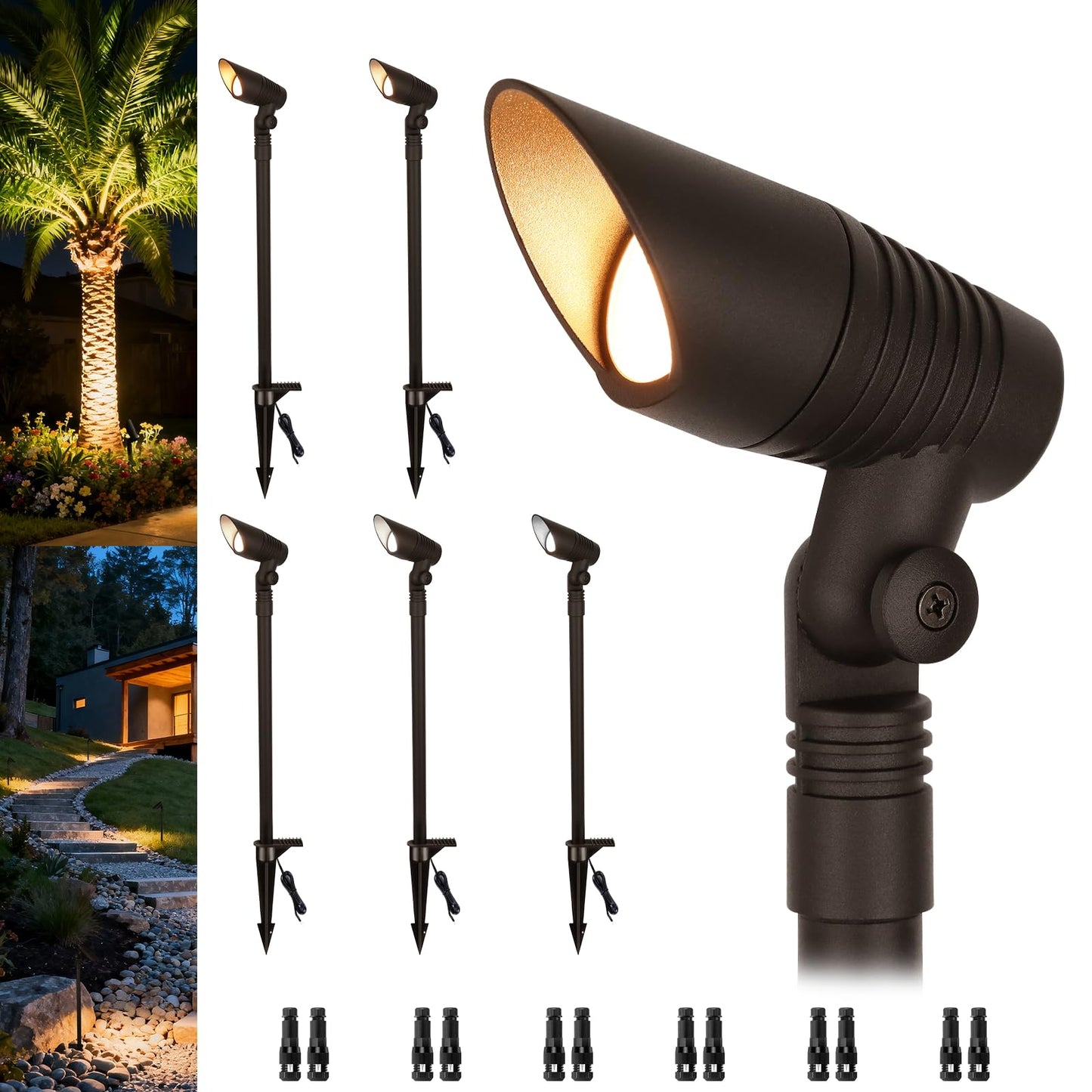 ZestPatio Mini LED Landscape Spotlights, 16'' Tall Pole, 5CCT 5W 12 Volt Wired Low Voltage Bronze Landscape Small Spot Lights for Outdoor Tree Flag House Pathway Driveway, 60° Beam Angle, 6PK