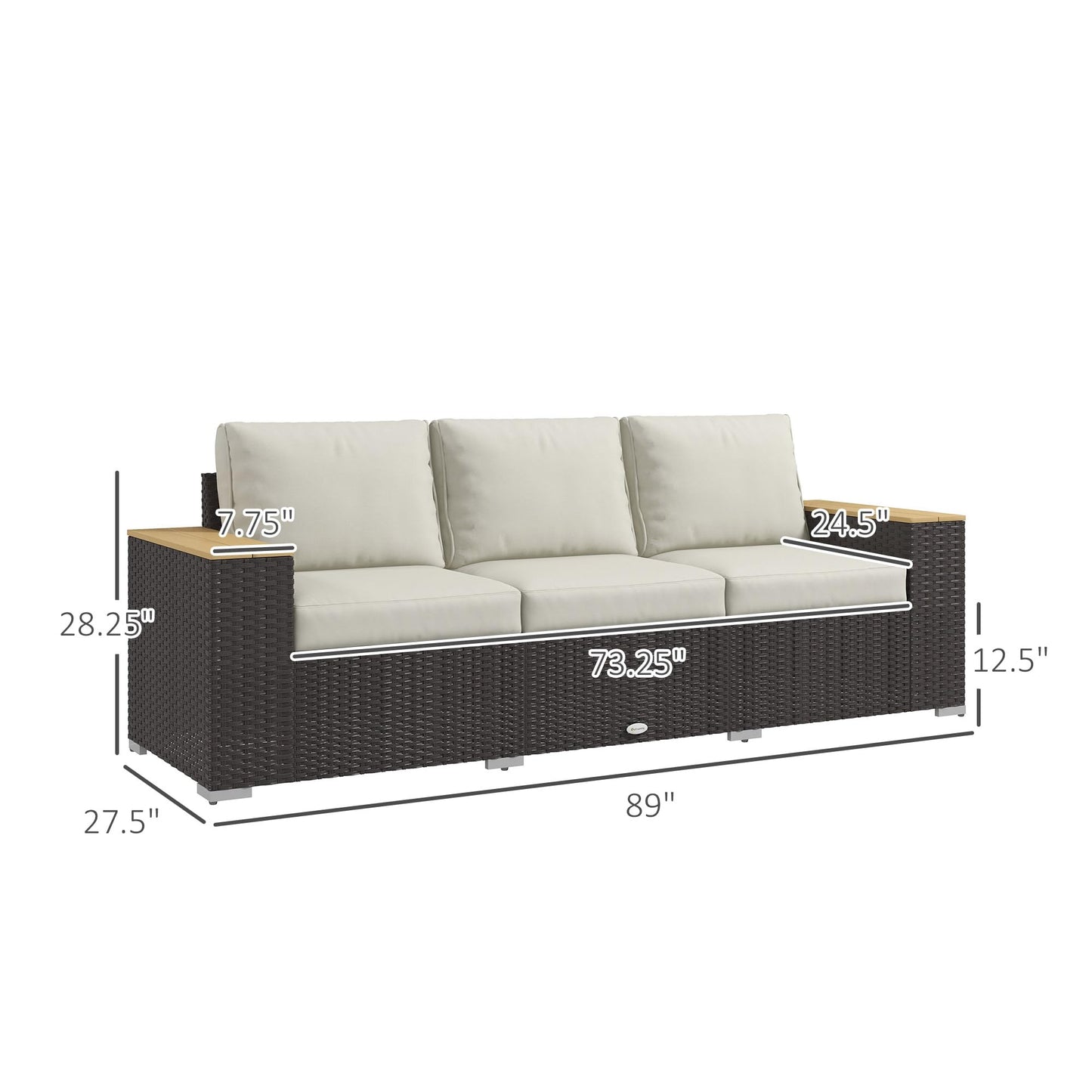 Outsunny 3-Seat Outdoor Patio Sofa with 24.5" Extra Wide Deep Seats, PE Wicker Sofa with Wide Wood Effect Armrests and 4" Cushions, Rattan Outdoor Couch for Porch, Garden, Poolside, Beige