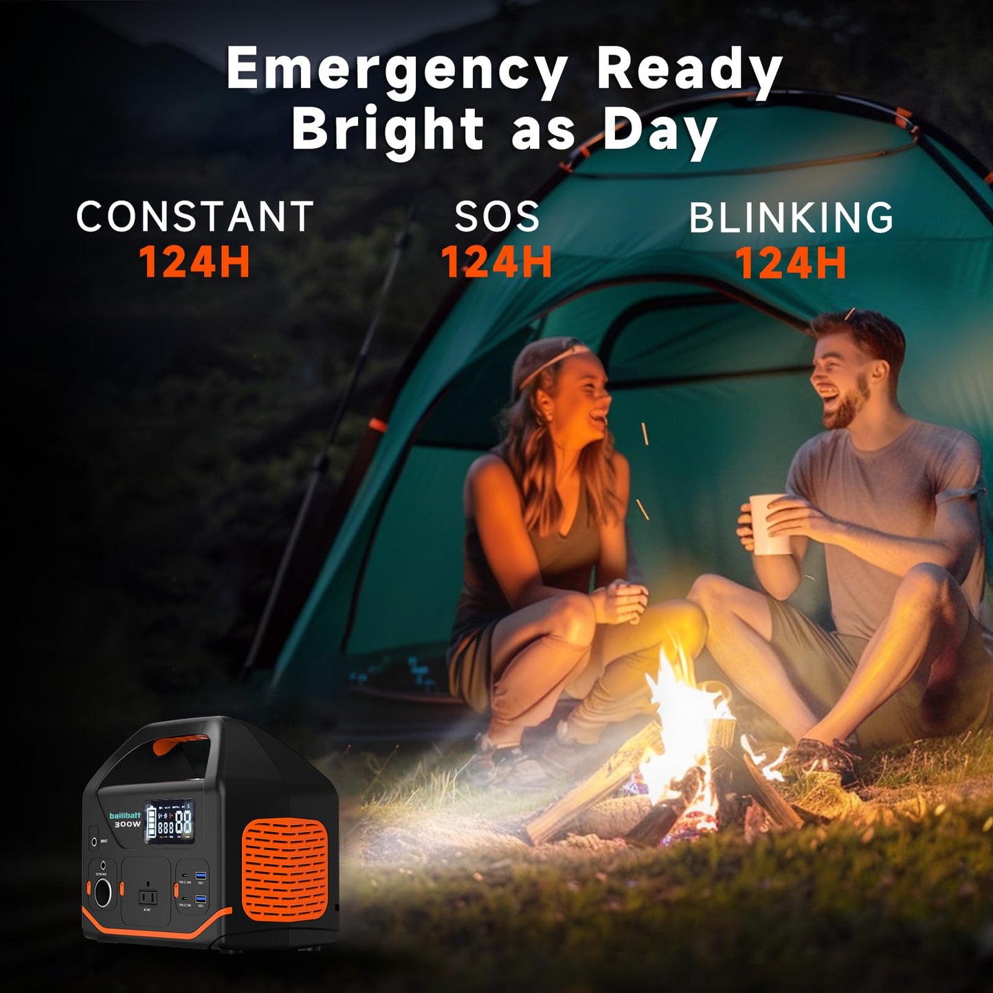BailiBatt 300W Portable Power Station, 266Wh Solar Generator with 7 Outputs & Dual USB-C PD (24W+18W), 110V Pure Sine Wave AC, 6.5lb Lightweight Battery Backup for Camping, CPAP RV Home Blackout