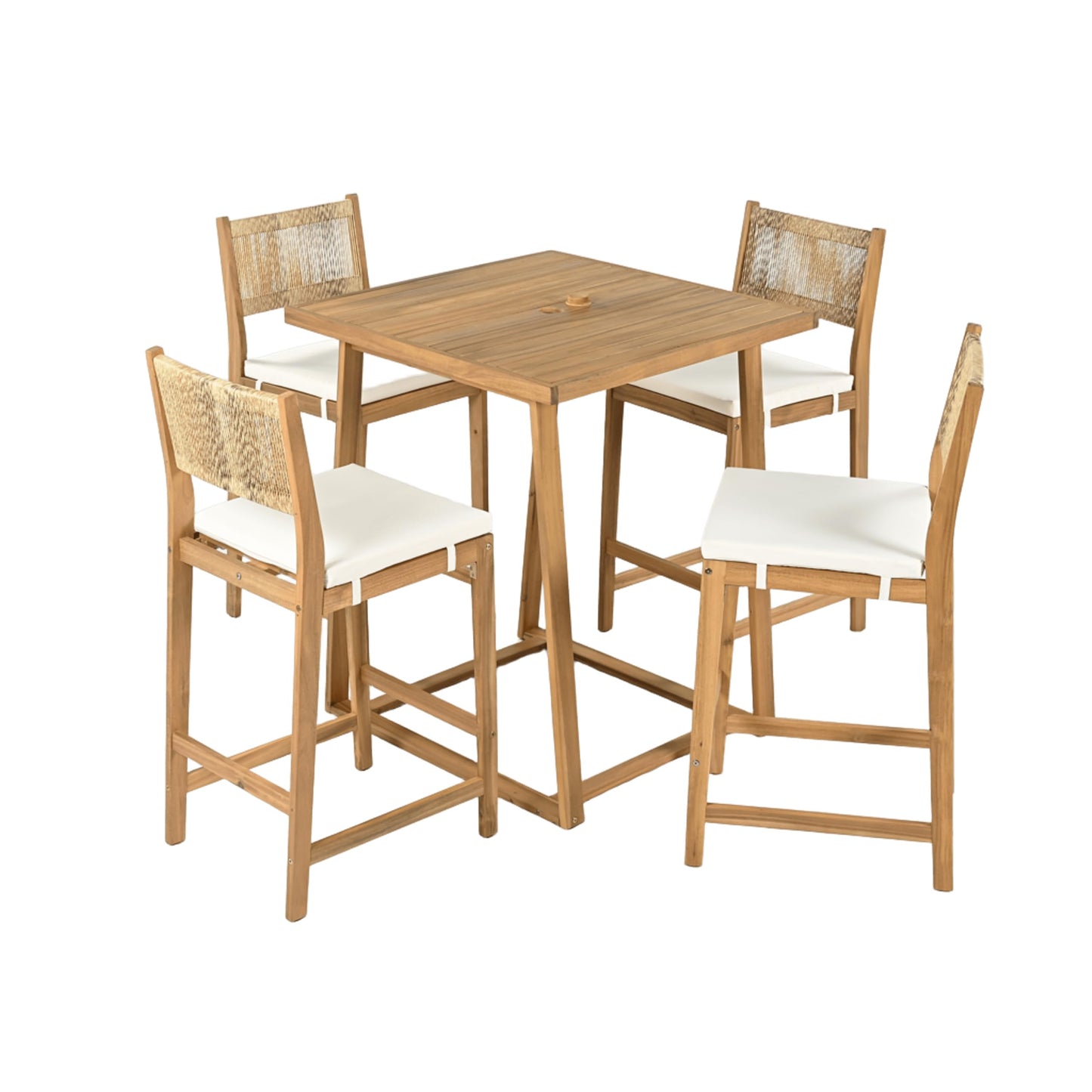 Christopher Knight Home Barron 5-Piece Acacia Wood Patio Bar Set, Patio Bar Table and Stools Set, Soft Seat Cushions, Rattan/Wicker Dining Set for Garden, Backyard, Poolside, Balcony, Teak + Beige