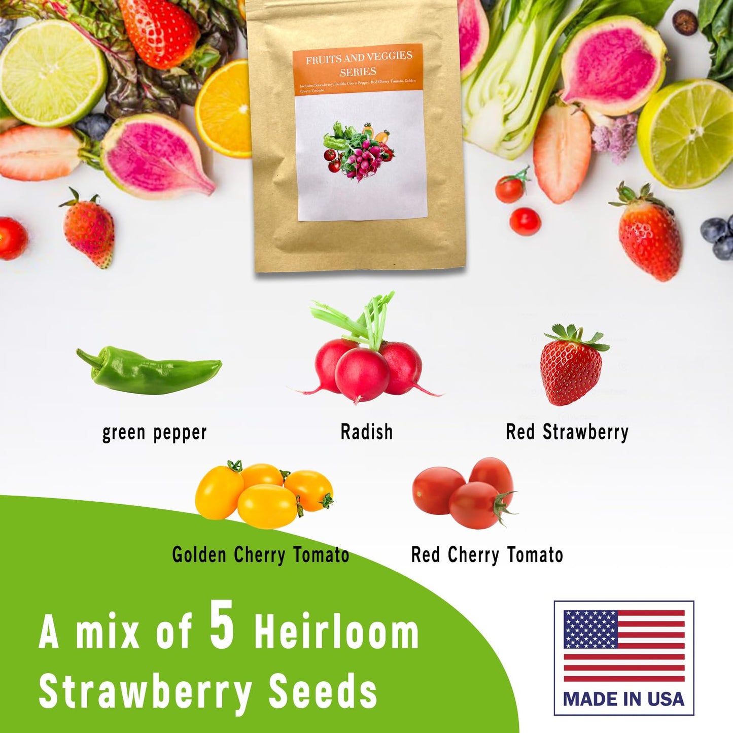 Strawberry Seed Pod Kit for AeroGarden, idoo, Ahopegarden with Red Strawberry, Radish, Green Pepper, Red HeirloomCherry Tomato, Golden Harvest Cherry Tomato - Compatible with All Hydroponics (50-Pod)