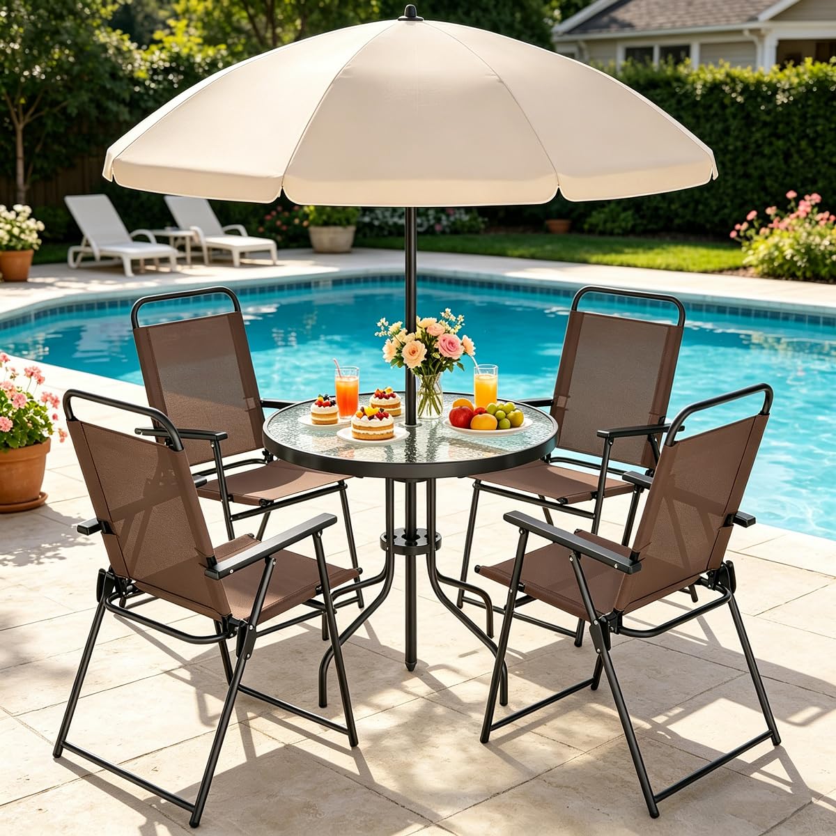 Shintenchi 6 Piece Outdoor Patio Furniture Set, Small Outdoor Patio Dining Table and Chairs Set, Outdoor Seating with Umbrella for Backyard, Balcony, Front Porch, Light Brown