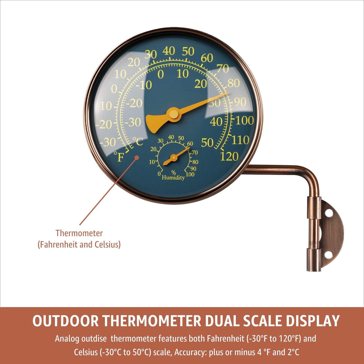 Foxyoo 4-Inch Outdoor Thermometer and Humidity Gauge, Window Thermometer for Outside Temperature and Humidity Monitor, Brass Analog Dial, Battery-Free for Patio, Garage, Greenhouse, Garden, Wall