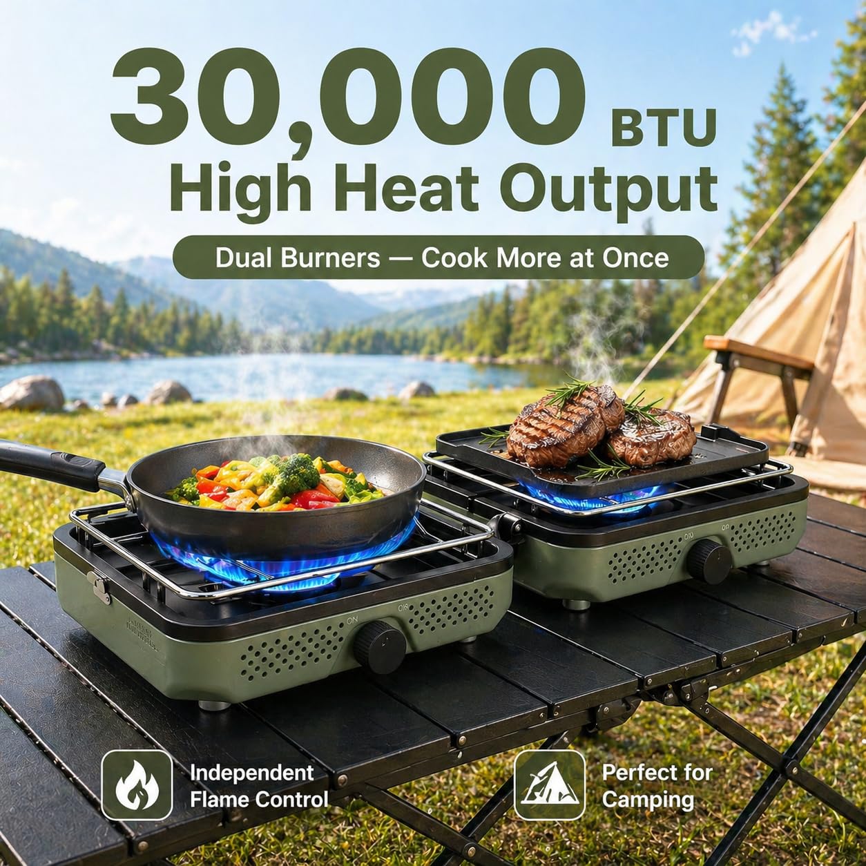 Hisencn 2 Burner Propane Camping Stove, 30000 BTU Foldable Portable Gas Stove with Cookware Set & Carry Bag, Outdoor Cooking for Camping, RV, Emergency Use, Green