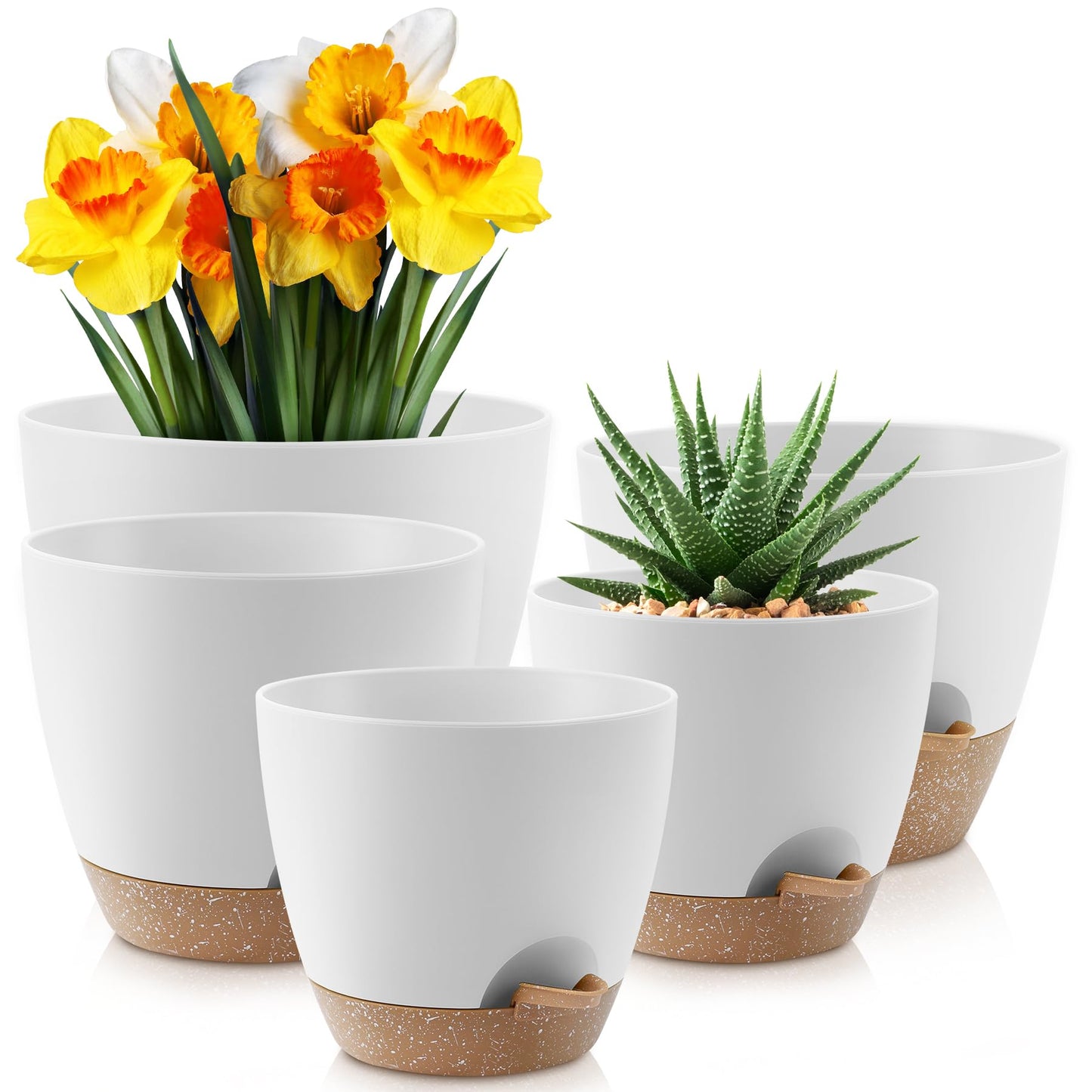 YNNICO Plant Pots 10/9/8/7.5/7 inch, Self Watering Planters with Drainage Holes & Saucers for Indoor and Outdoor Plants (White)