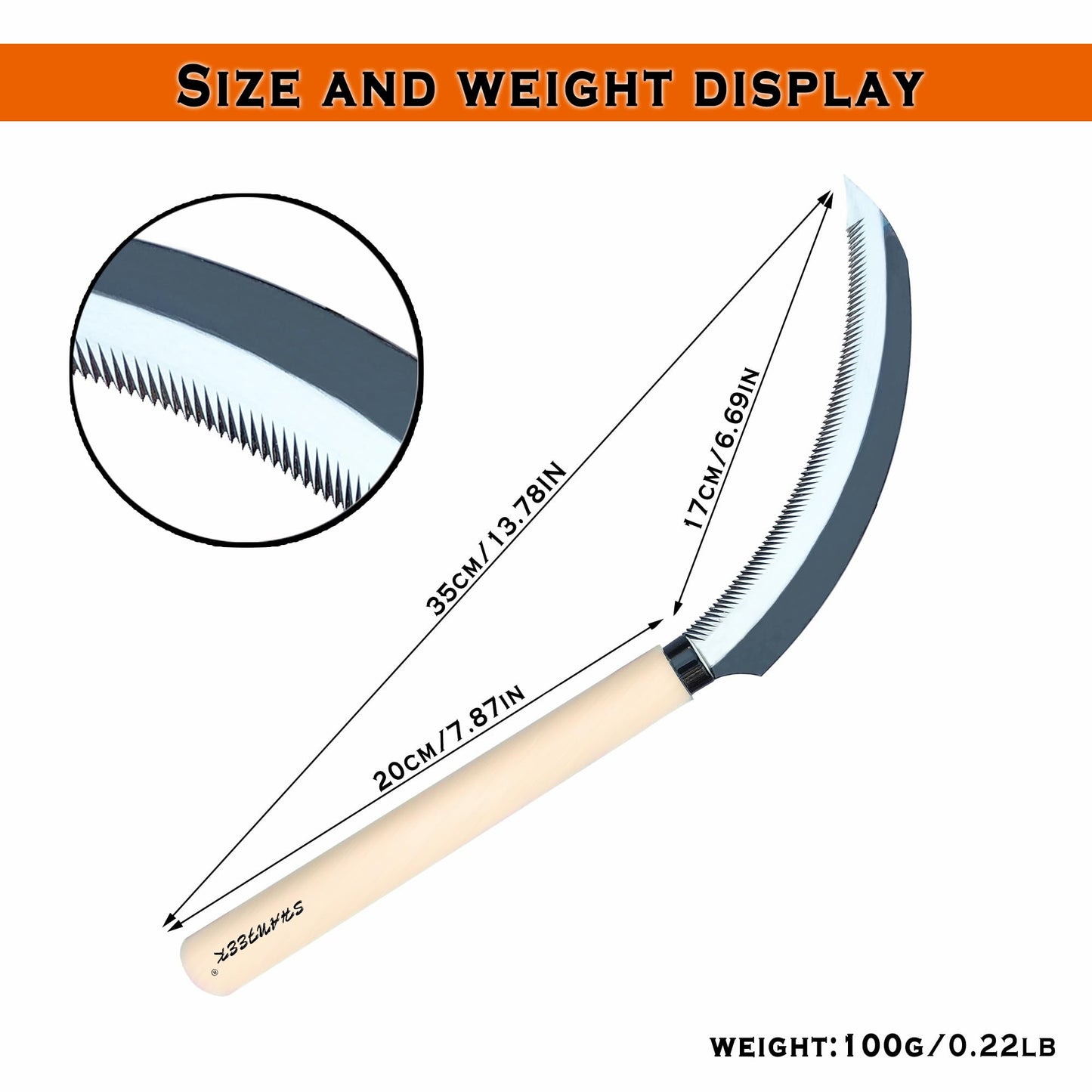SHANFEEK Grass Sickle with Sawtooth Japanese Weeding Hoe Garden Hand Tool Weeding Tools for Garden High-Strength Steel with Solid Wood Handle (White)