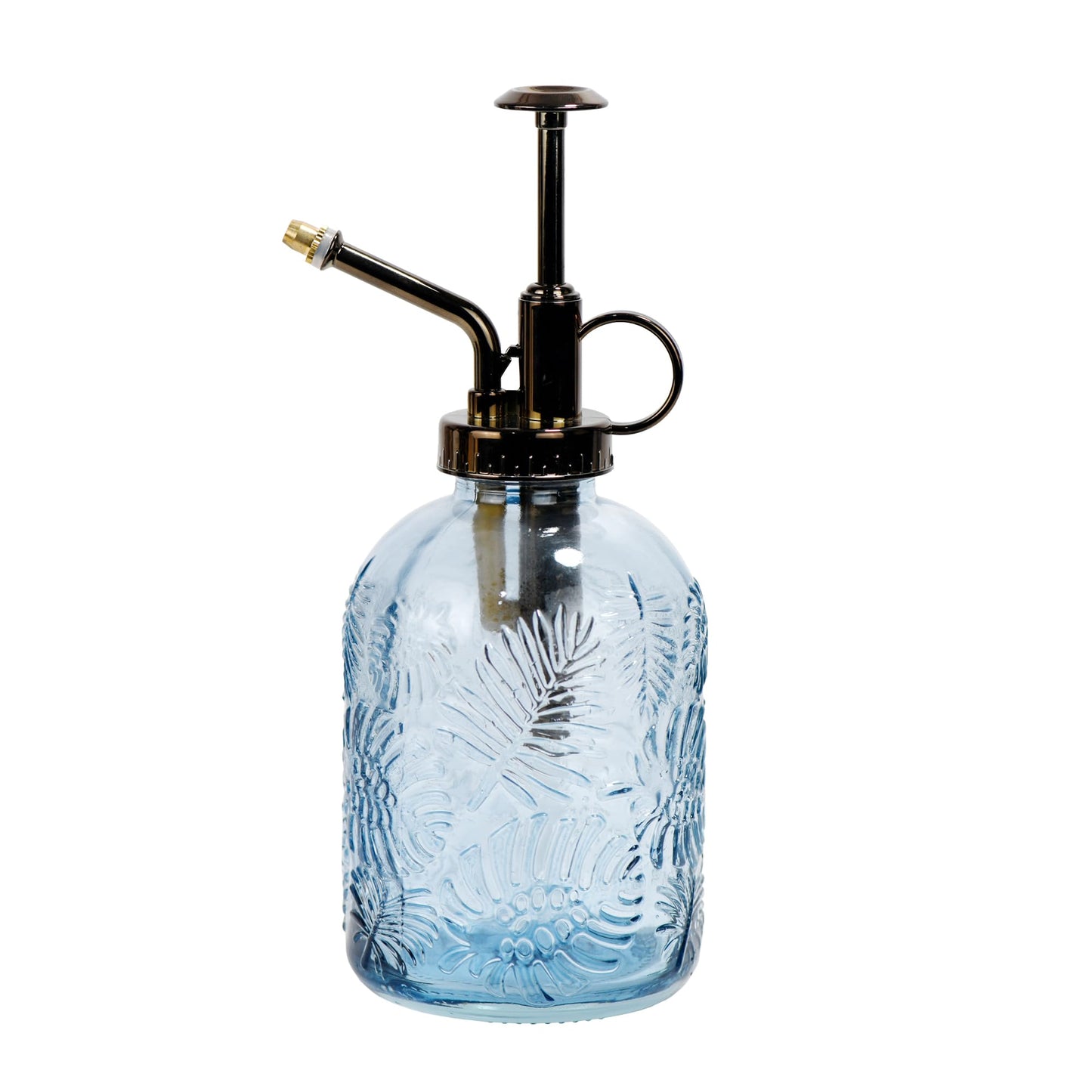 SDlumeiy 11.8 Ounce Glass Plant Spray Bottle, Glass Leaf Print One Handed Watering Can with Antique Brass Plastic One Handed Top Pump, 7.6 Inch Tall Indoor and Outdoor Plant Small Spray Bottle (Blue)