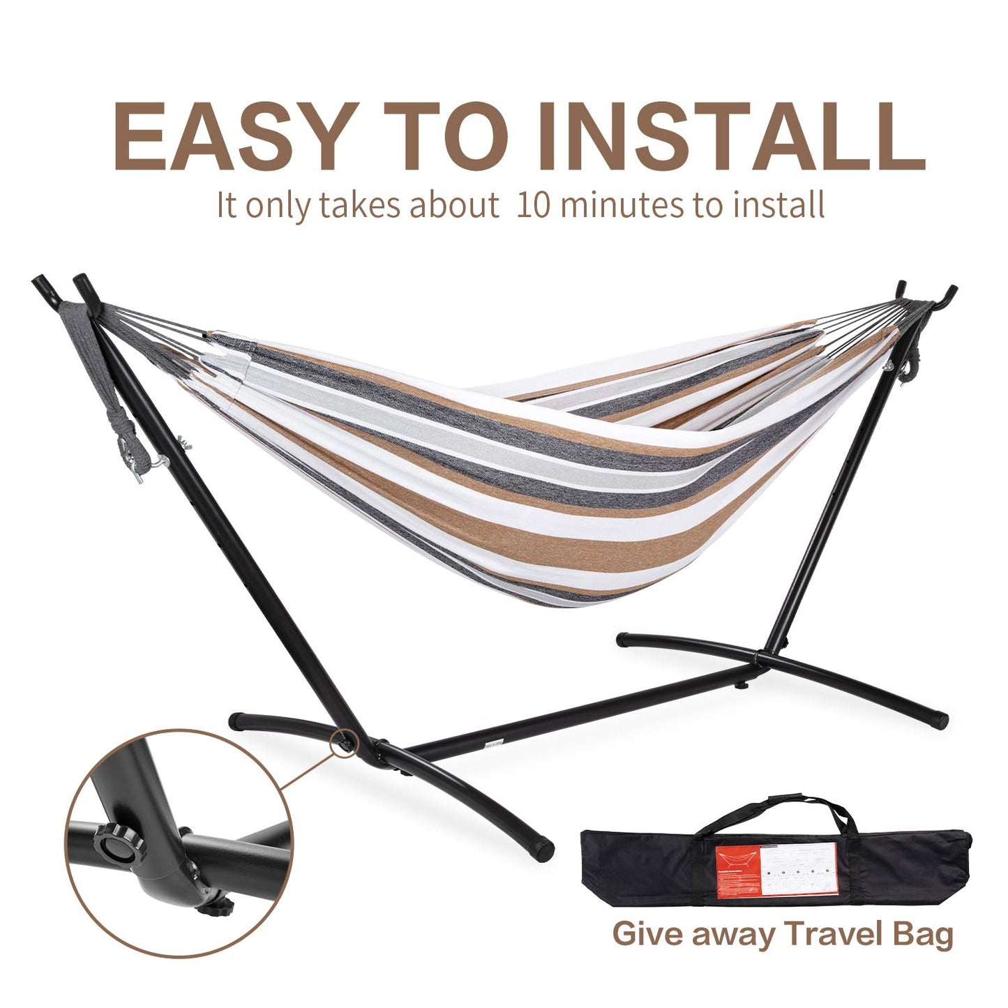 PNAEUT Double Hammocks with Stand for Outside, Portable Space Saving Heavy-Duty Steel Frame for Indoor Outdoor Patio Yard, Easy Assembly, 2 Person 450 lbs Capacity (Coffee)