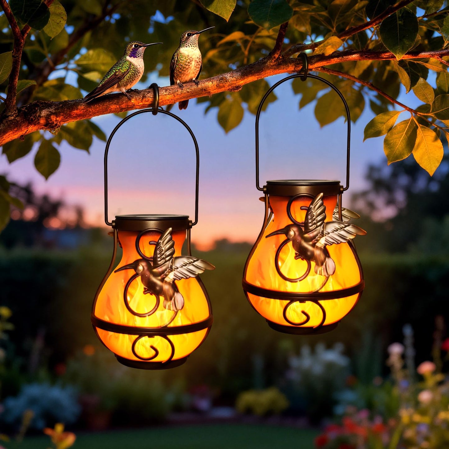 Khaornix 2 Pack Solar Lanterns Outdoor Waterproof Flickering Flame Light Hummingbird Hanging Solar Powered Lantern for Yard Patio Porch Outdoor Garden Decor Women Friend Teachers Appreciation Gifts
