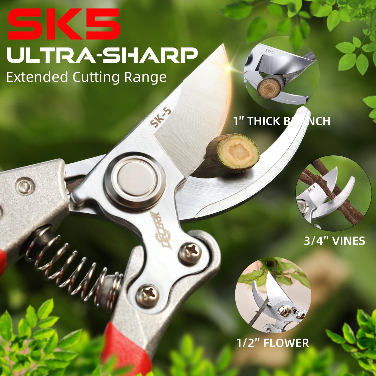 DECERK Professional Bypass Pruning Shears, Ultra Sharp Garden Scissors & Clippers, Effortless 3/4" Branch Clippers