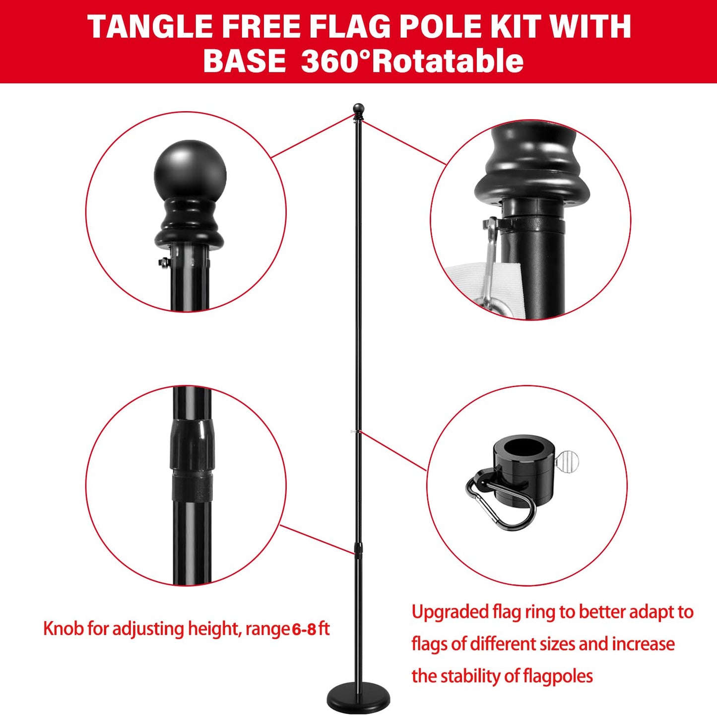 SENZHIYI Indoor Telescoping Flag Pole with Base 6FT-8FT,Aluminum Commercial Indoor Flagpole with Black Ball Top Finial,Heavy Duty Indoor Flag Pole Kit for Office School City Hall