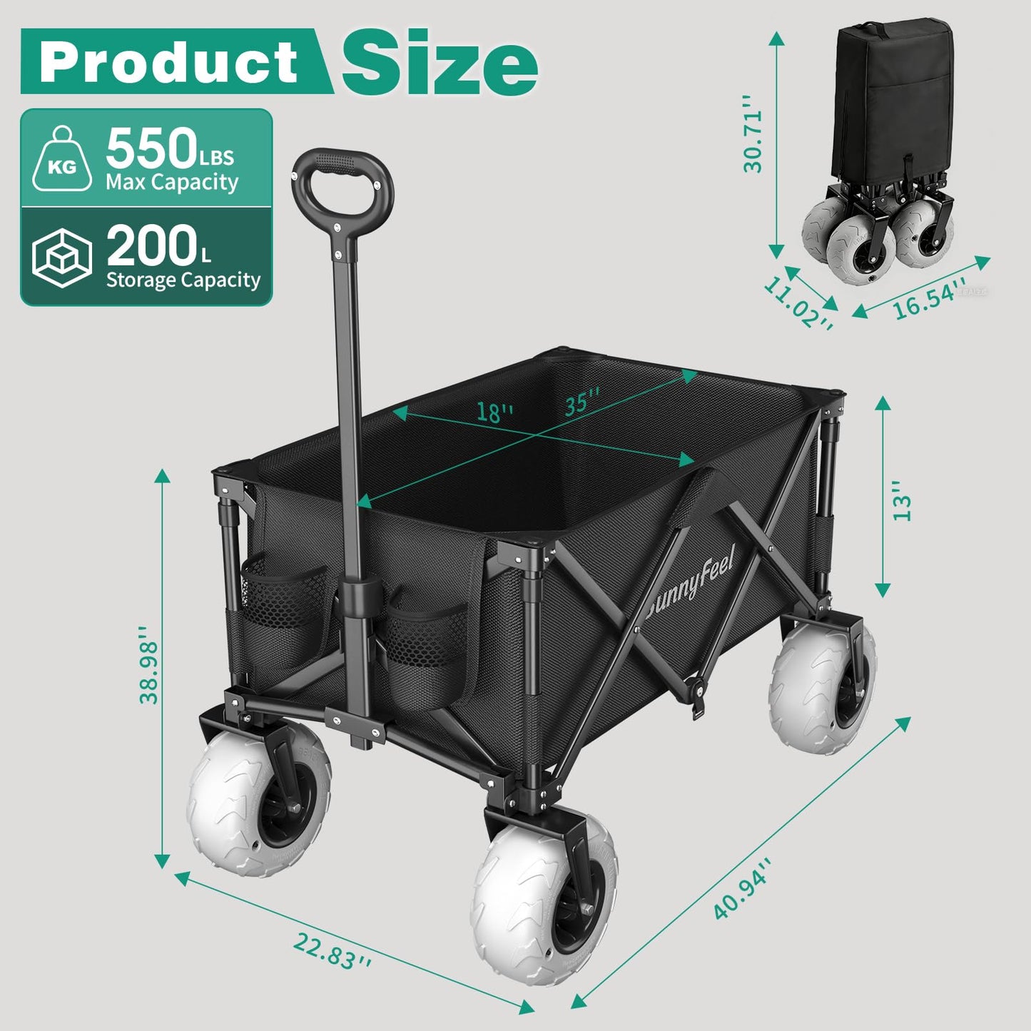 SUNNYFEEL 41" L Beach Wagon with Big Wheels for Sand - 550lbs Heavy Duty Folding Beach Wagon - All Terrain Steel Frame with 9" Pneumatic Tires for Beach,Camping,Sports,Garden (Black)