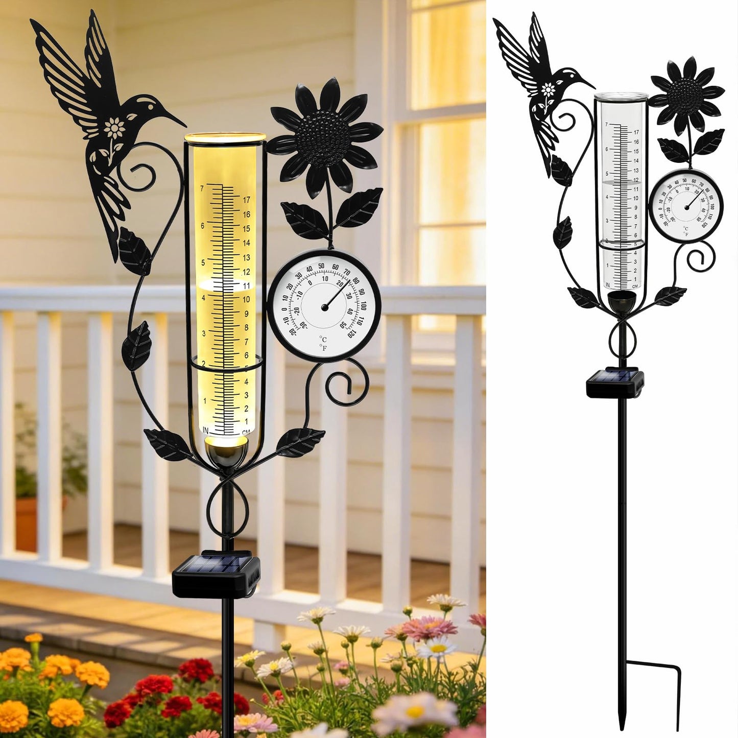 YJFWAL Hummingbird Rain Gauge Outdoor, Decorative Metal Sunflower Solar Rain Gauge with LED Light and Thermometer, Garden Decor for Yard, Lawn, Pathway, Farm