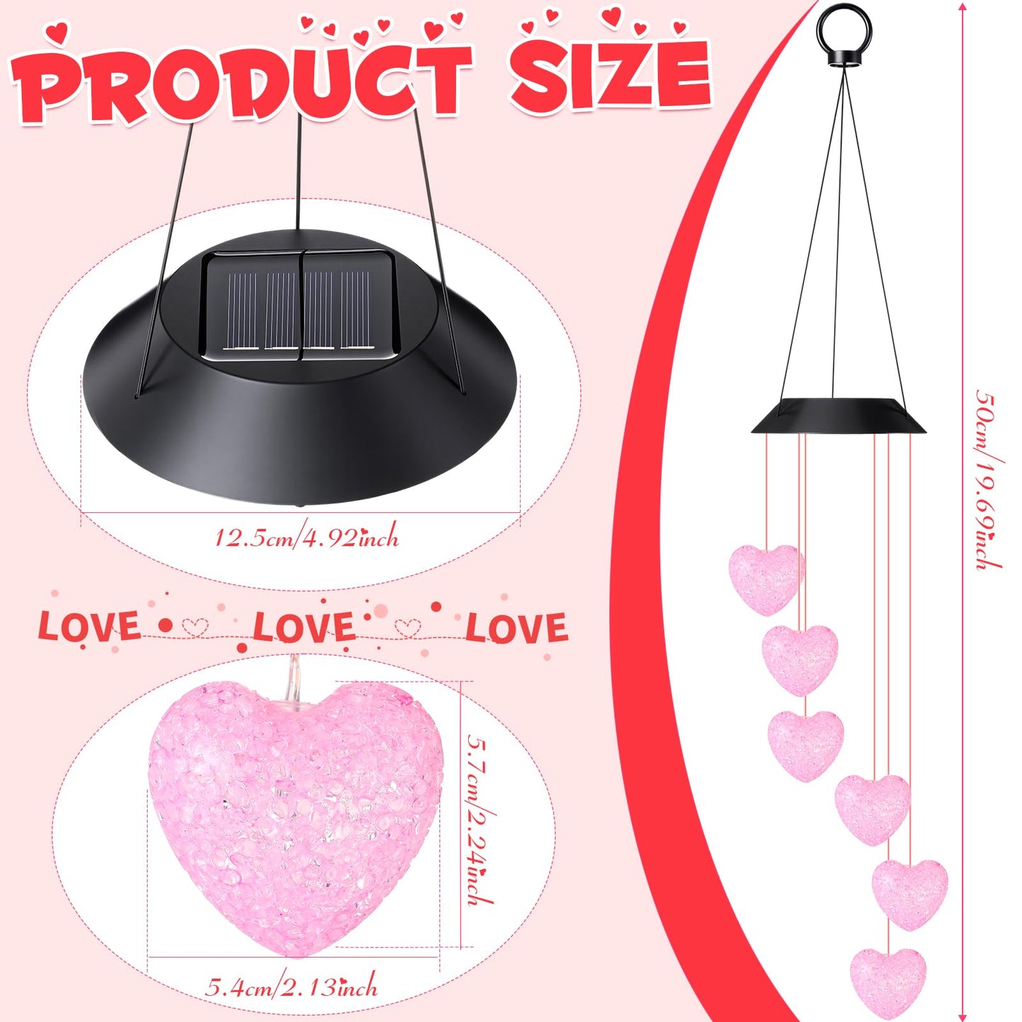 Glooglitter 2 Pcs Heart Solar Wind Chime Gift for Women Mom Grandma Sister Ideal Gift Mother's Day Decoration for Garden Patio Yard, Romantic Night Light Home Decor(Pink Heart)