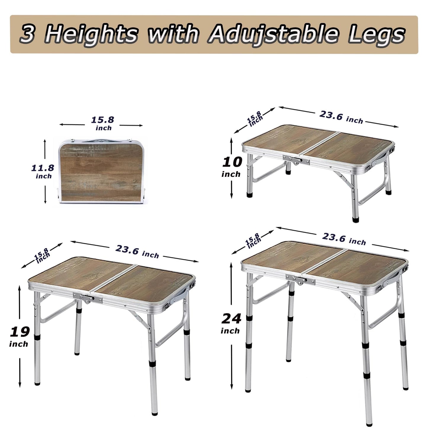 YihuiKo Small Folding Table, 3 Adjustable Heights Picnic Table, Outdoor Folding Table with Storage Mesh Layer, Portable Table for BBQ, Patio, and Indoor