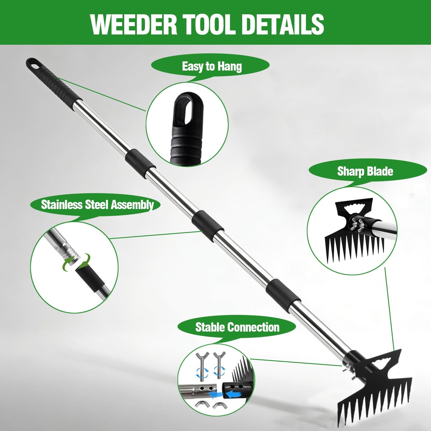 Weed Puller Tool, 2-in-1 Garden Hoe and Weed Rake, 60 Inch Adjustable Long Handle Stainless Steel Heavy Duty Weeding Tools, Manual Weeder Remover Gardening Uprooting Tool for Yard, Lawn and Patio
