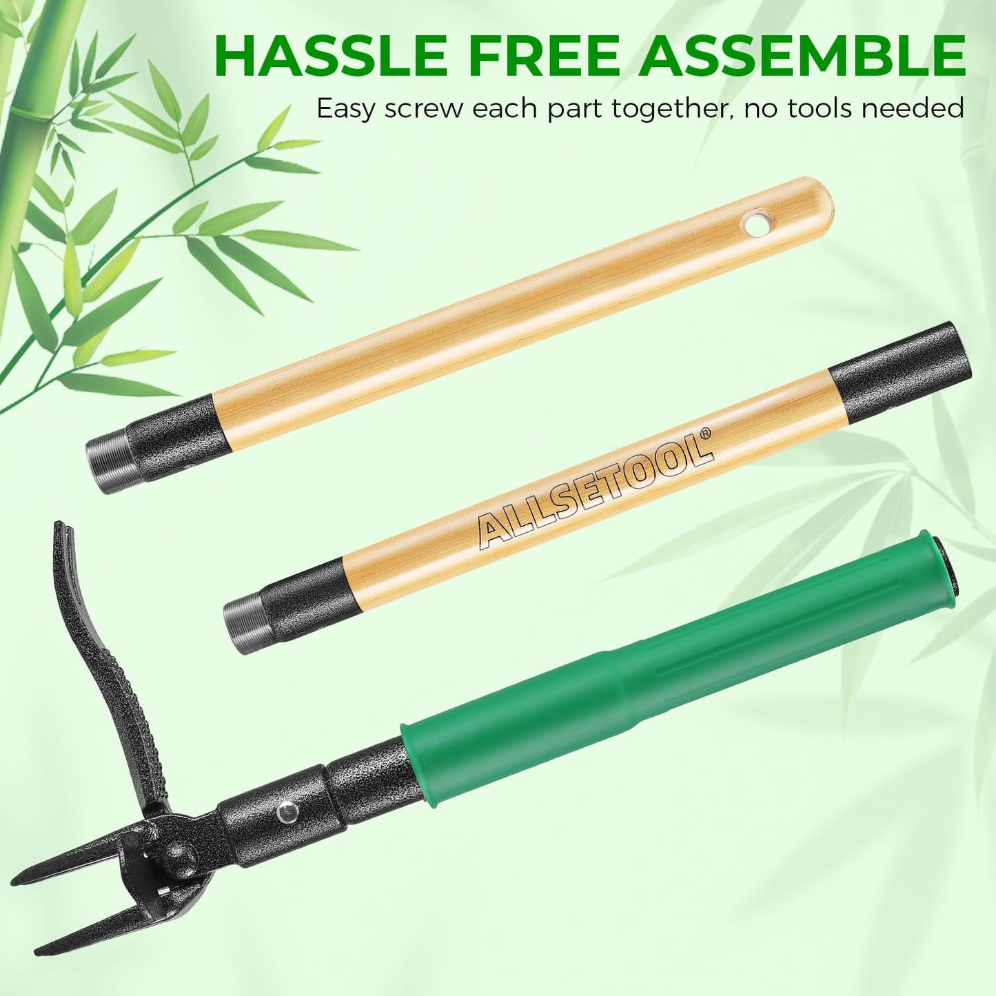 Allsetool Weed Puller Tool with 2 Weed Eject Feature, 43.7in Stand Up Dandelion Remover Tool, Real Bamboo Handle and Metal 4 Claw & Foot Pedal, Heavy Duty Garden Weeder