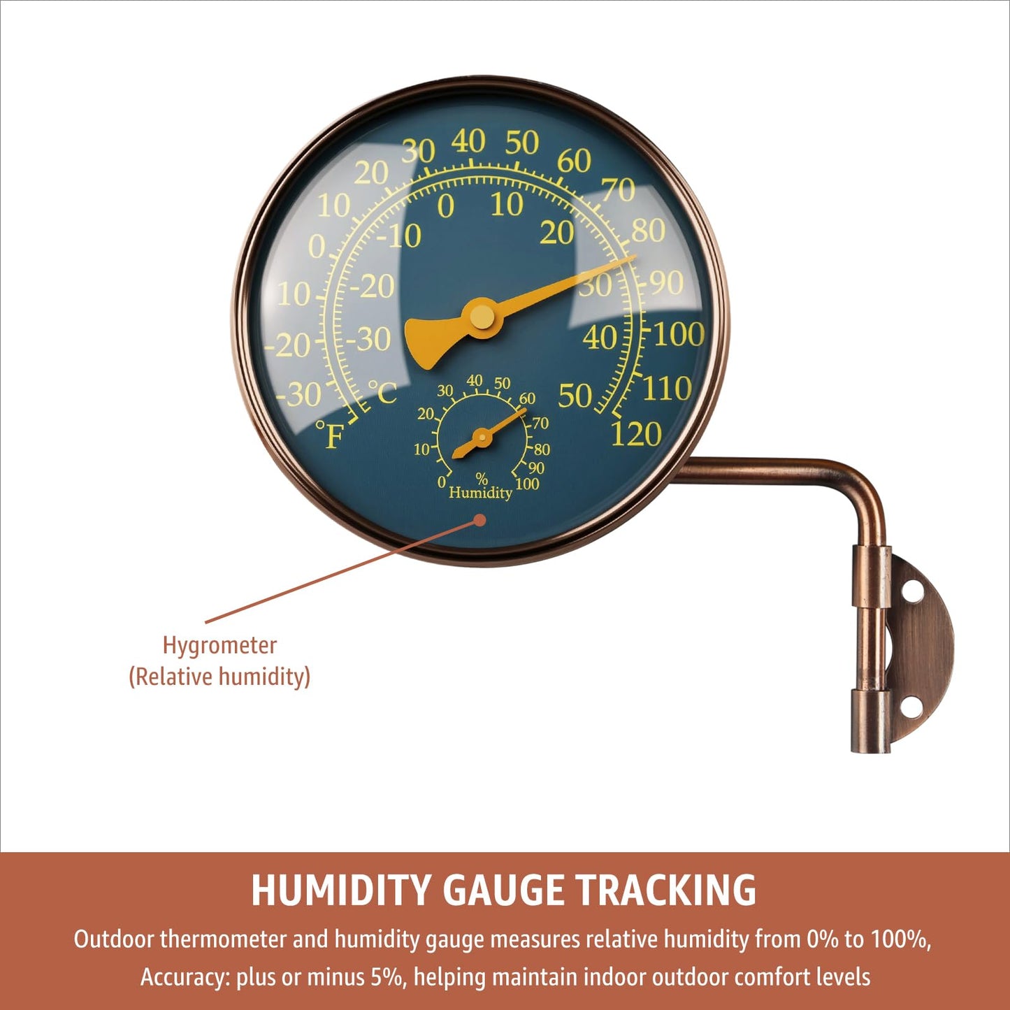 Foxyoo 4-Inch Outdoor Thermometer and Humidity Gauge, Window Thermometer for Outside Temperature and Humidity Monitor, Brass Analog Dial, Battery-Free for Patio, Garage, Greenhouse, Garden, Wall