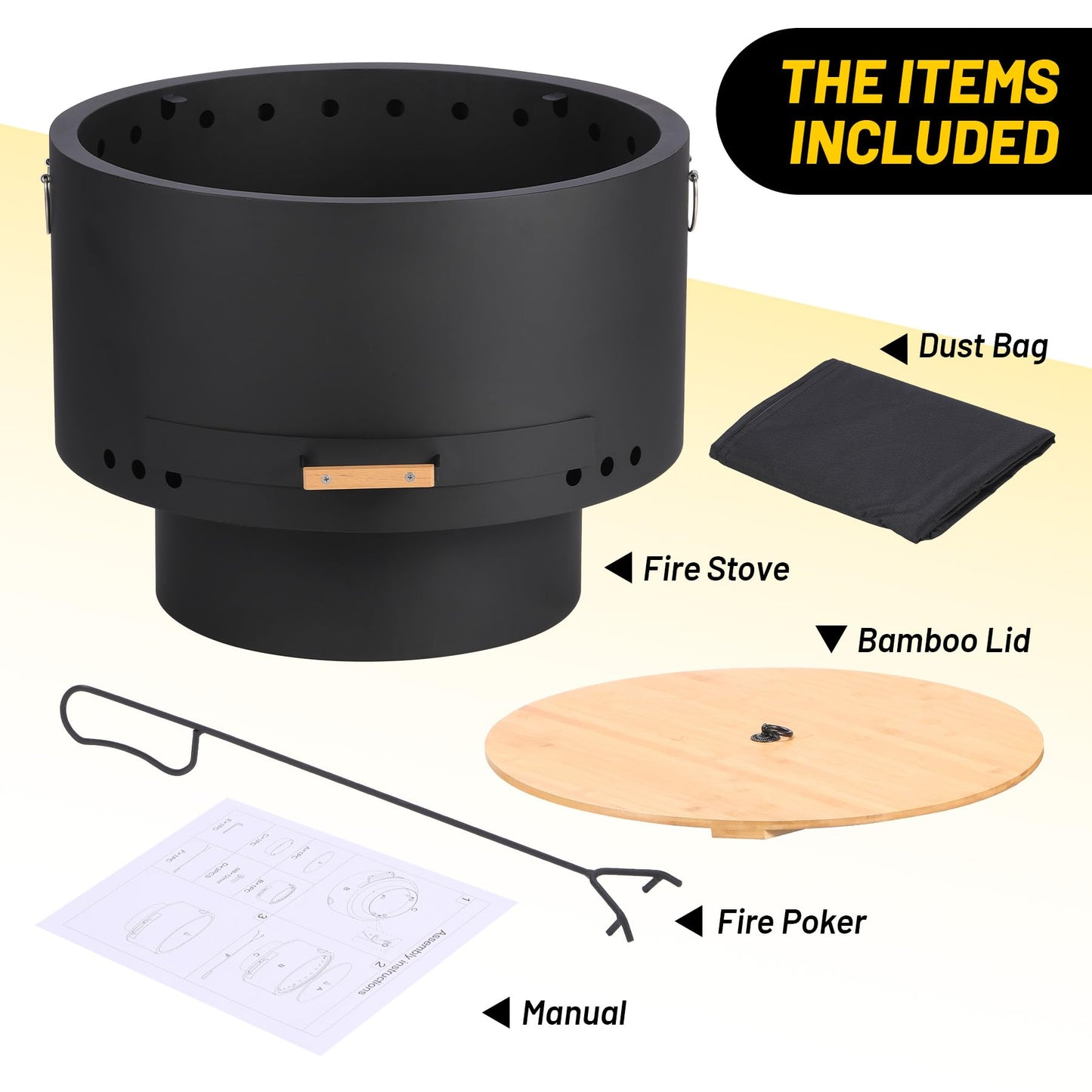 GarveeLife 26 in Smokeless Fire Pit with Removable Ash Pan, Wood Burning Firepit Table with Lid&Fire Poker,Smokeless Outdoor Fireplace with Dust Bag, Outdoor Fire Pits for BBQ, Table, Bonfire, Camping