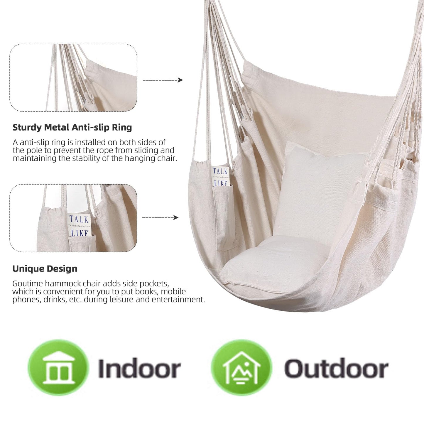 Goutime Hammock Chair, Boho Hanging Rope Ceiling Swing, Macrame Hanging Swinging Chair for Indoor,Outdoor,Bedroom,Outside,Garden,Balcony,Yard,Deck,Max 330 Lbs,Beige