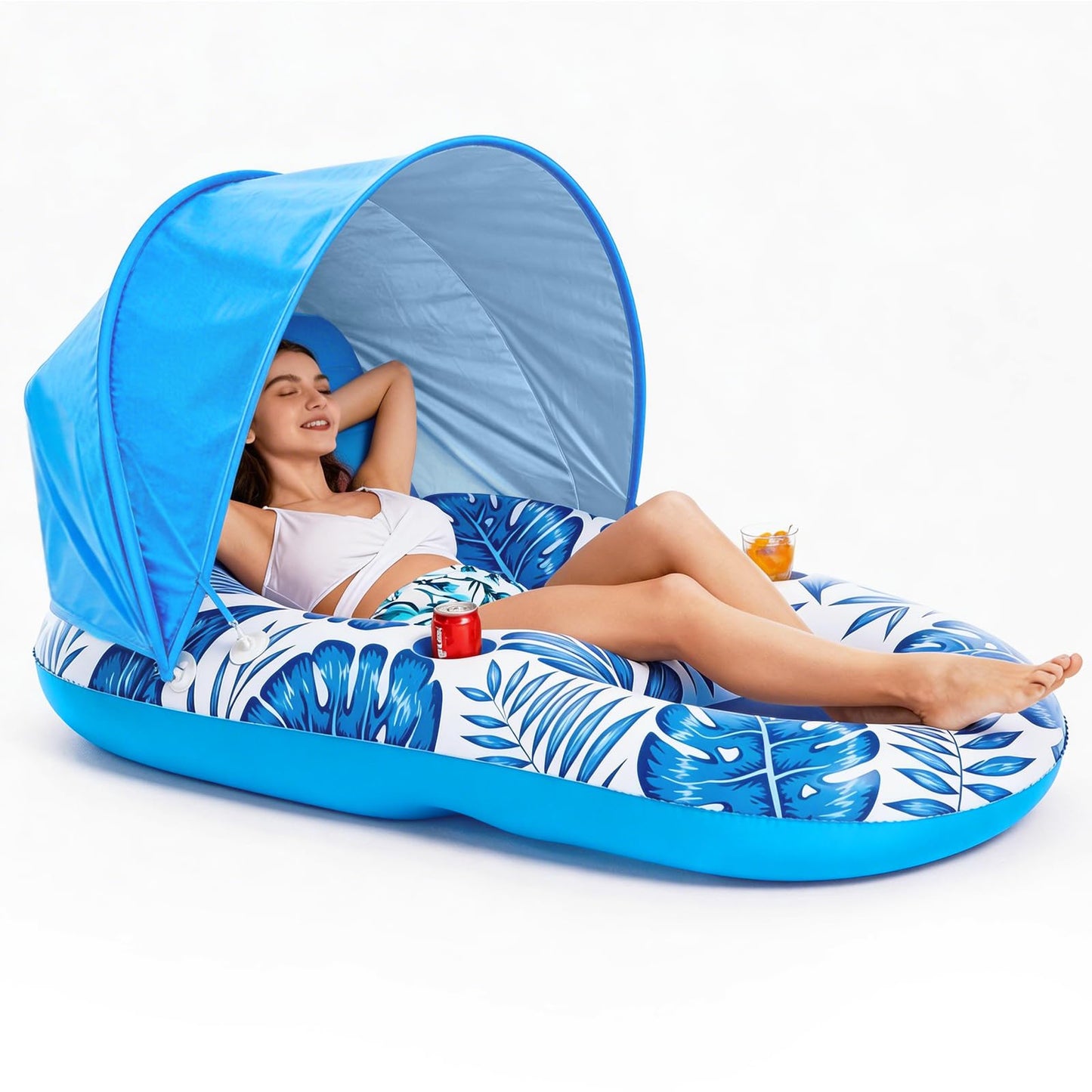 Jasonwell Pool Float with Canopy - Inflatable Pool Floaties Adult Lounger Floats Raft Floating Chair with Cup Holders for Swimming Pool Lake Water Lounge Float Beach Pool Party Toys for Adults (Blue)