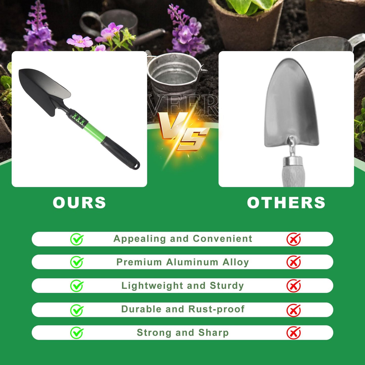 Zenrok Garden Tool Set, 3 Pack Lightweight Heavy Gardening Kit Including Hand Shovel, Transplant Shovel and Hand Rake with Soft Rubber Non-Slip Handle, for Planting Weeding Digging, Green ﻿