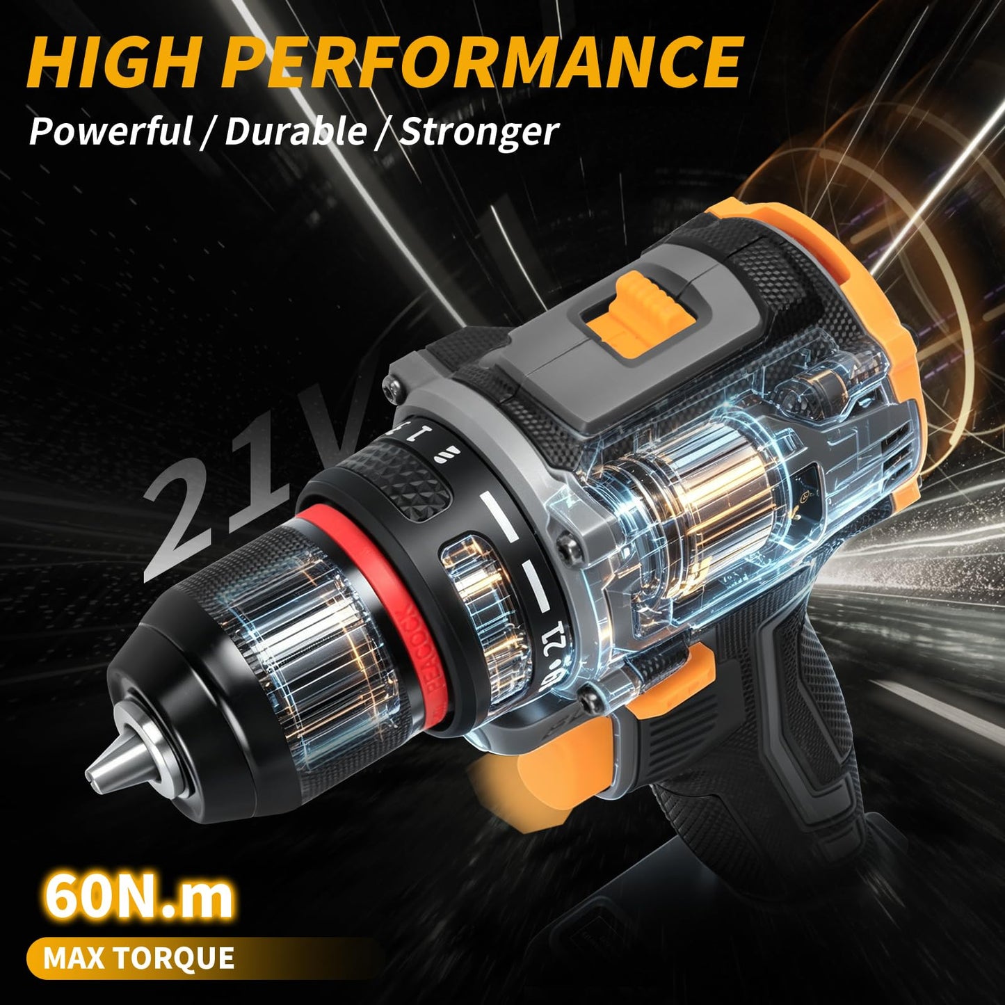 JEXUGK 60Nm Cordless Drill Tool Set, 21V Brushless Drills Kit with 2 x 2.0Ah Battery, Portable Household Basic Driver Case for Men & Women, Lady's Taladro Inalámbrico Toolbox for Home Hand Repair DIY