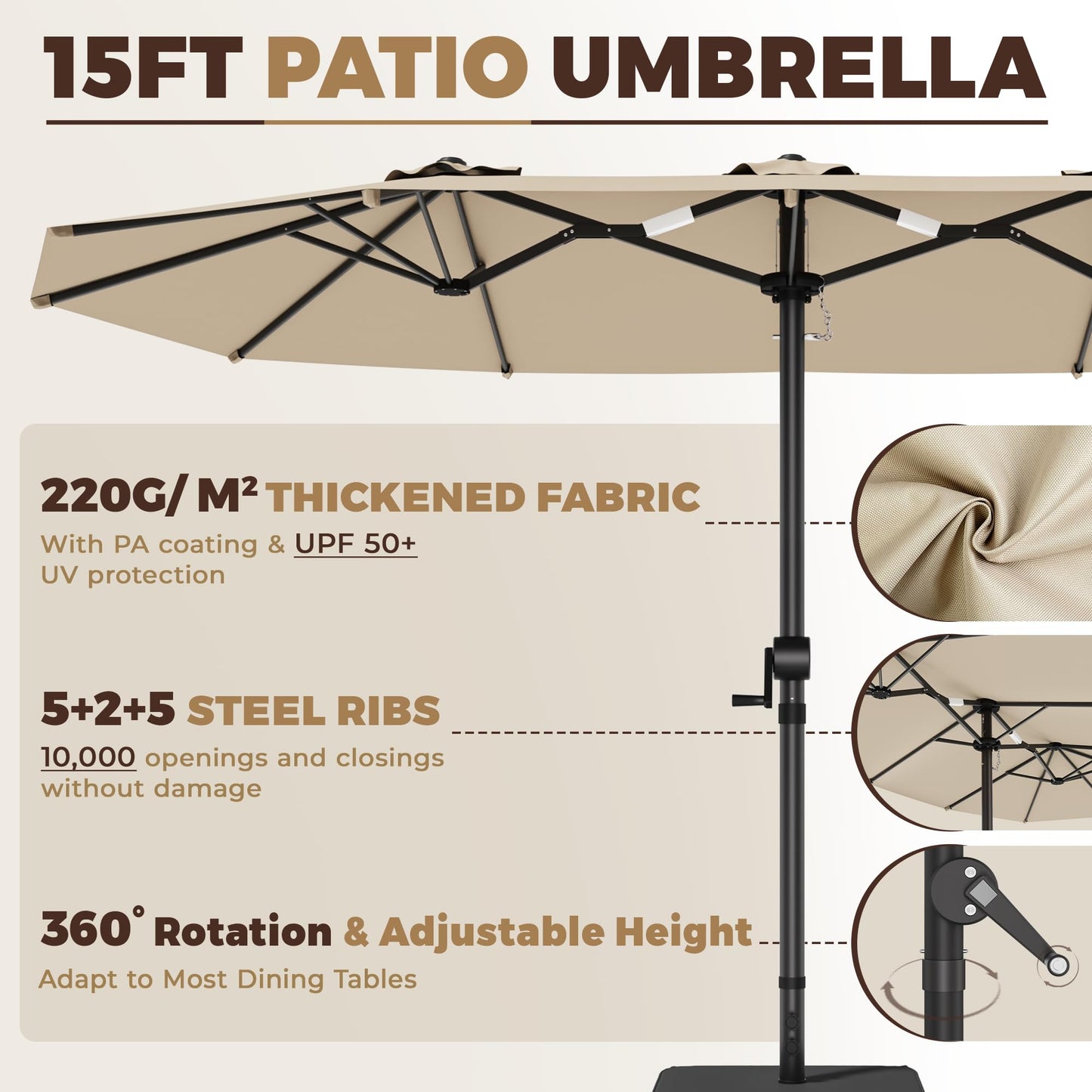 GDPFN 15FT Large Patio Umbrella with Base Included, Outdoor Deck Standing Umbrella with Crank Handle, Double-Side Rectangular Pool Umbrella for Outside, Market, Patio, Beige