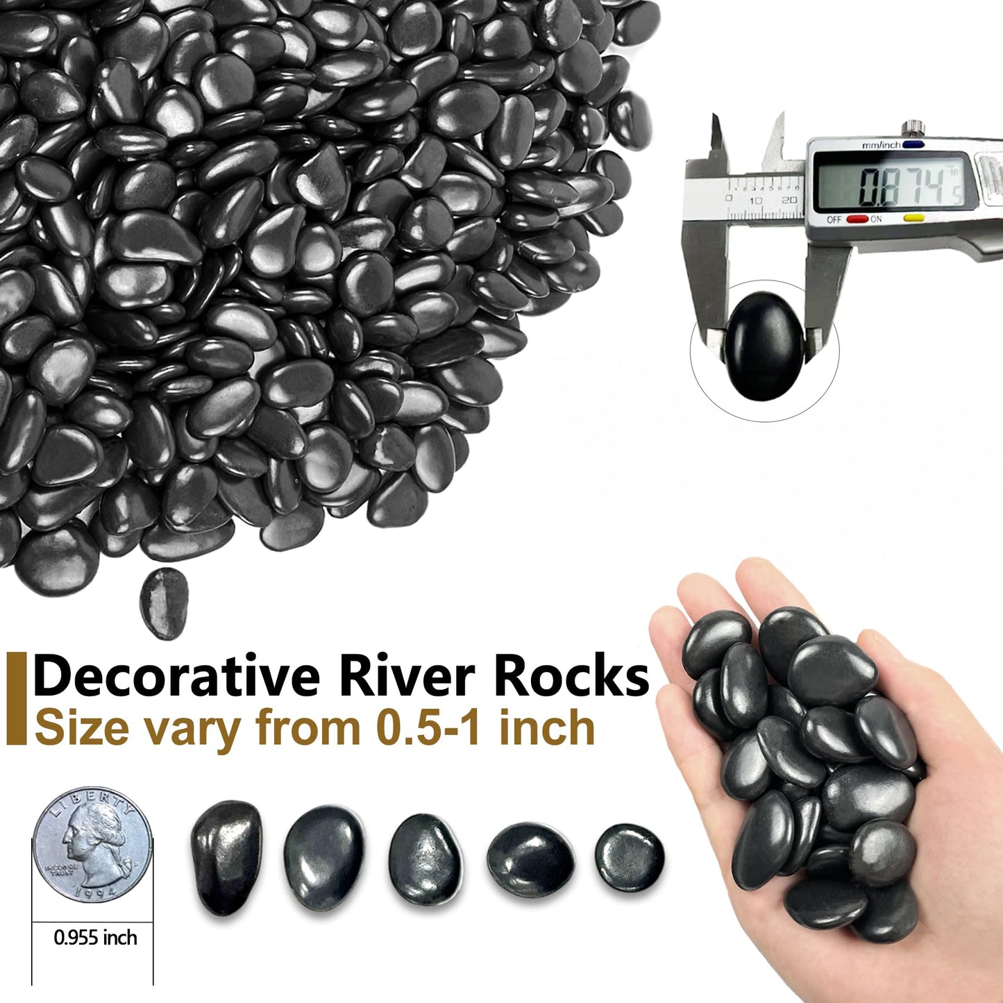 Garrdeen 5LB Black Polished River Rocks, 0.5–1.0 inch Small Pebbles for Indoor Plants, Aquarium Rocks, Fish Tank Gravel, Decorative Stones for Planters, Vase Fillers & Landscaping Decor