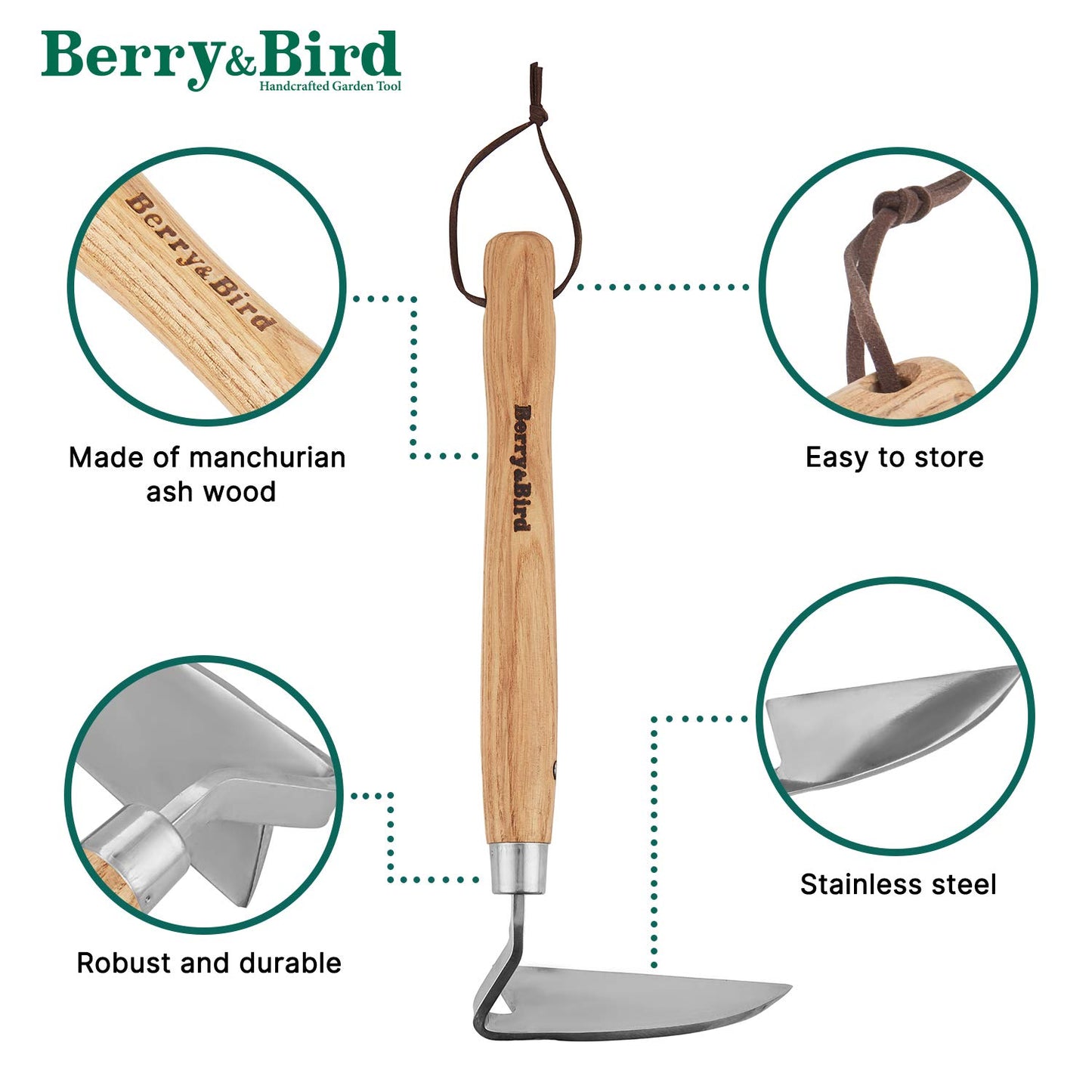 Berry&Bird Stainless Steel Bent Angle Gardening Sickle, Weed Scraper-Hoe with Ergonomic Ash Wood Handle, 12.67-Inch Blade for Weeding & Soil Loosening