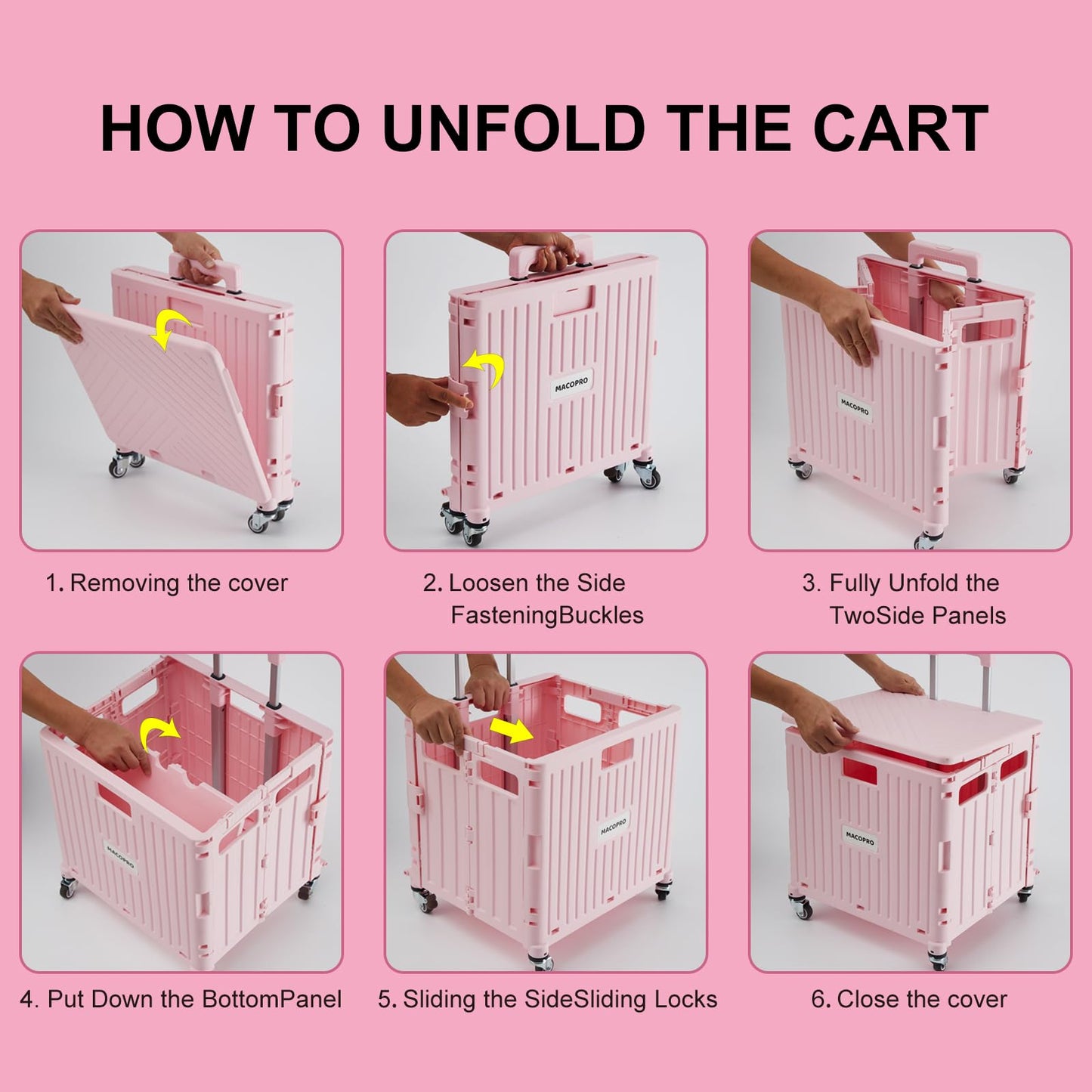 MACOPRO Folding Utility Cart Portable Rolling Crate Handcart Shopping Trolley Collapsible Tool Box, with Lid, Basket on 4 Rotate Wheels, for Grocery, Shopping, Office, Teacher (Pink)