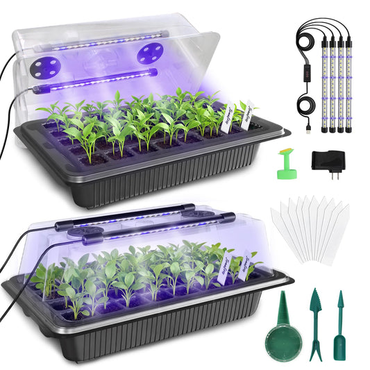 MQUPIN 80-Cell Seed Starter Tray with Grow Light, 2-Pack Adjustable Brightness Seed Starter Kit with Humidity Dome,Smart Timer,Watering Sprayer,Seeder,Plant Germination Kit for Seeds Growing