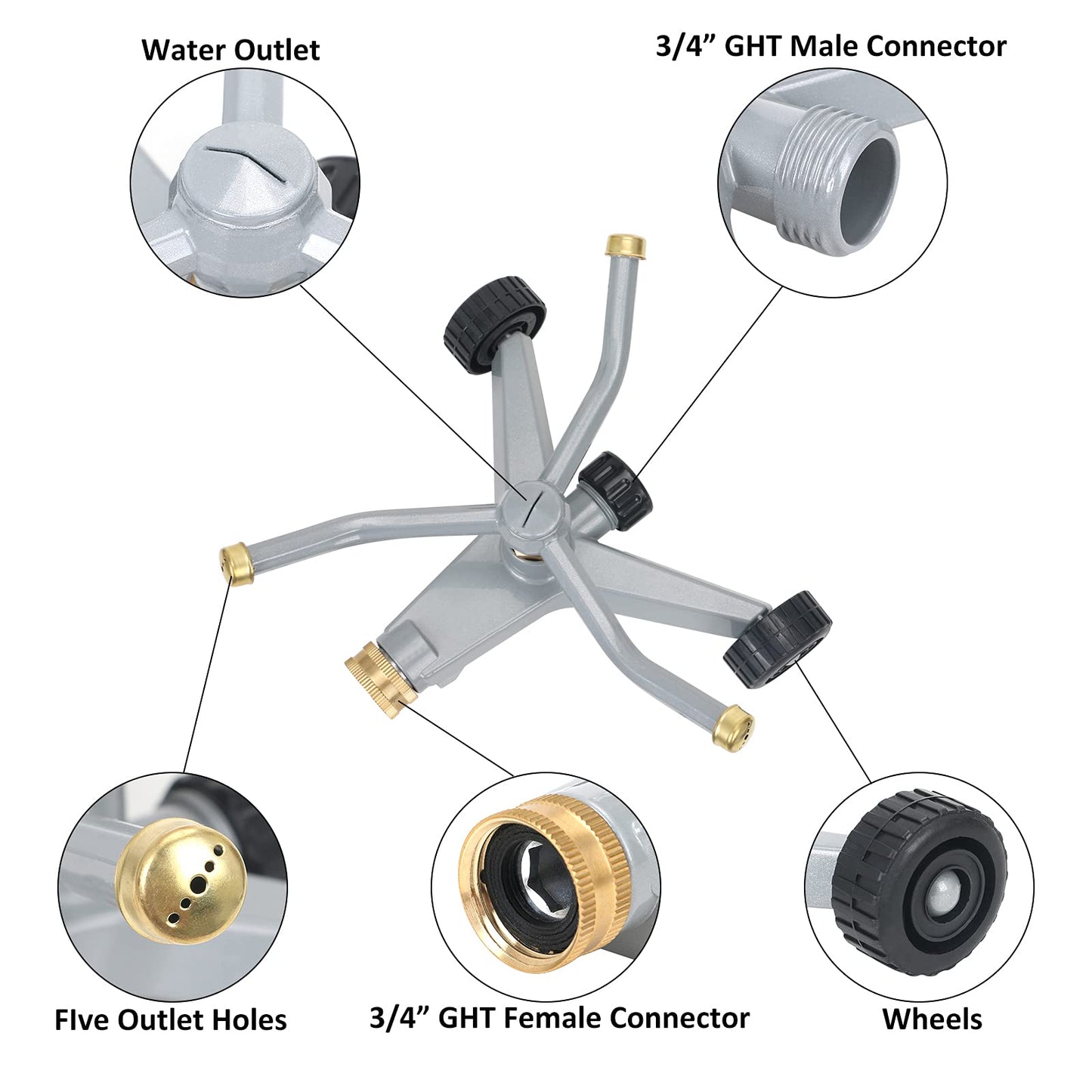 STYDDI Metal Rotating Water Sprinkler for Lawn, Heavy Duty Metal 3-Arms Whirling 360 Degree Automatic Rotary Sprinkler with Wheeled Base for Small Areas, Garden, Yard, Cover up to 1,384 Sq. ft.