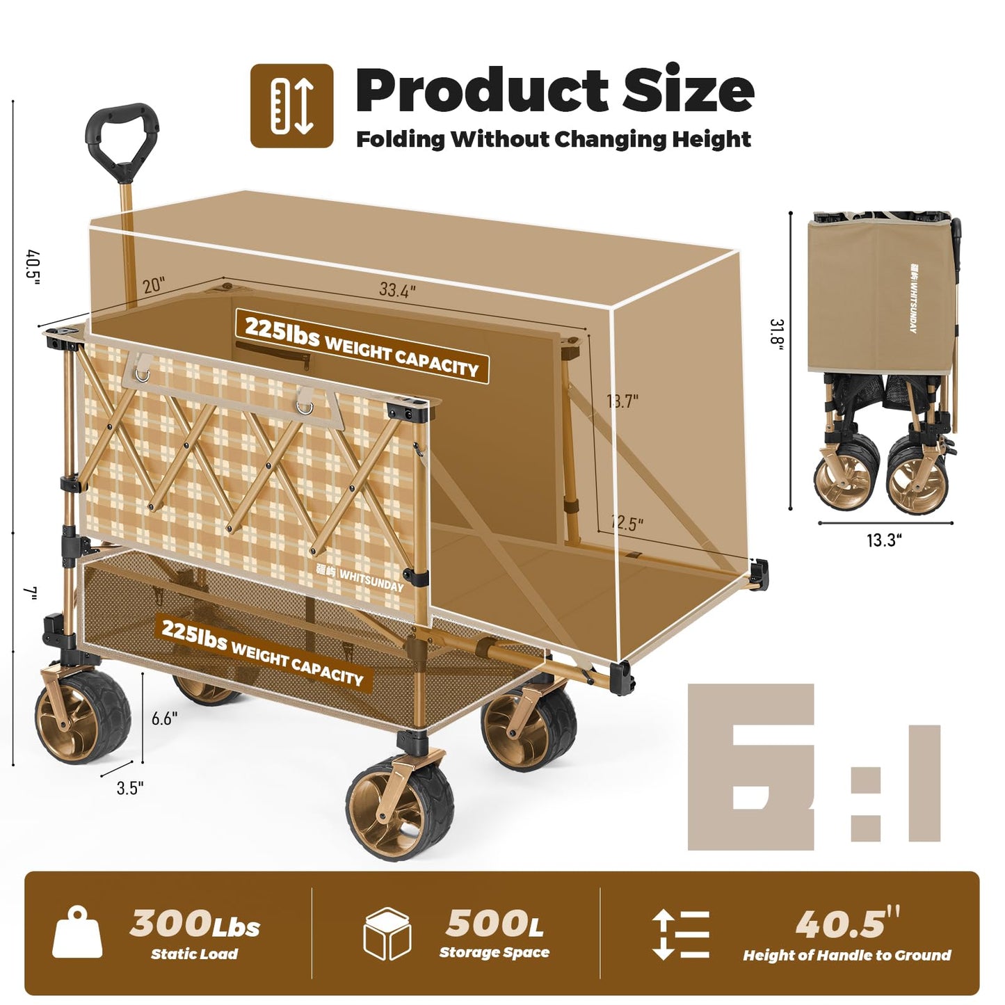 Whitsunday Double Decker Wagon, Heavy Duty Foldable Large Beach Wagon Cart with All-Terrain Big Wheels for Sports,Camping,Outdoor Yellow