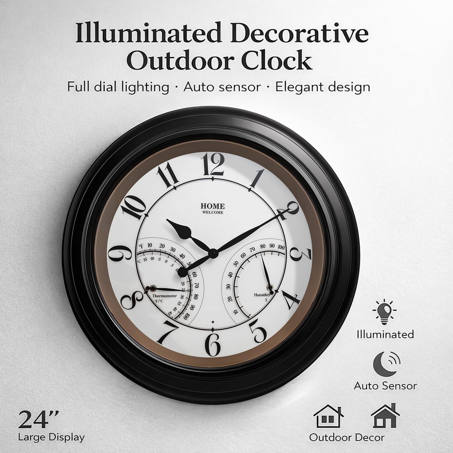 Pytha Sight 24 Inch Outdoor Clocks Waterproof, Large Easy-to-Read Illuminated Outdoor Wall Clock with Smart Light Sensor, Silent Large Outdoor Clock for Patio, Pool,Porch,Garden,Backyard