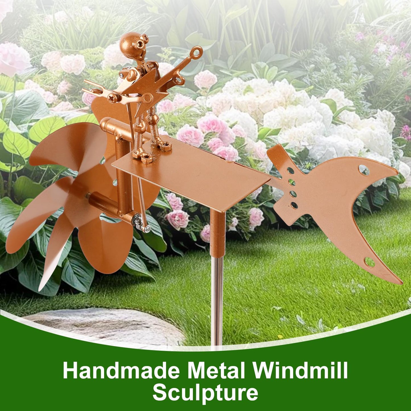 Handmade Metal Guitar Player Windmill, Garden Rock Band Windmill, Wind Powered Yard Art Sculpture, Percussionist Music Figurines and Statues Garden Decor for Yard, Lawn, Patio